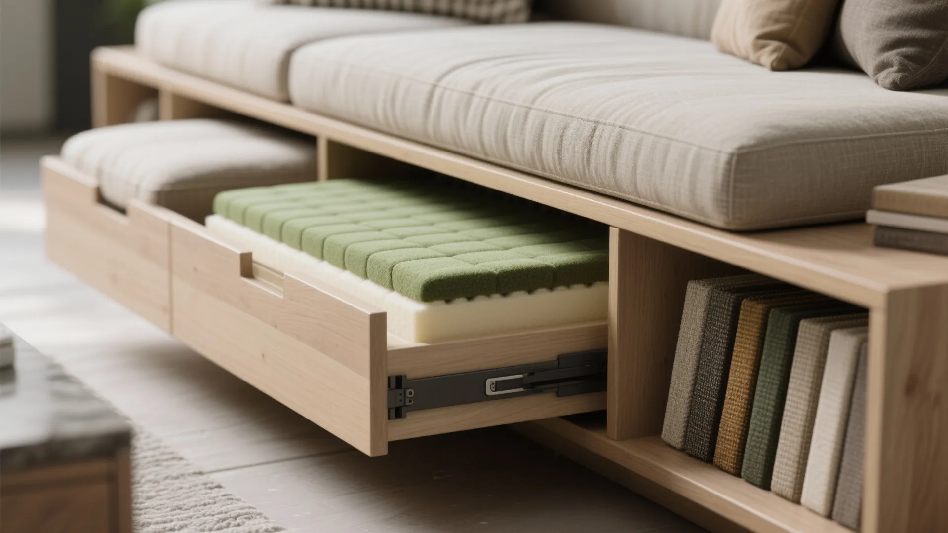 Wooden sofa with open drawer showing green foam and books in side storage wood shelf units
