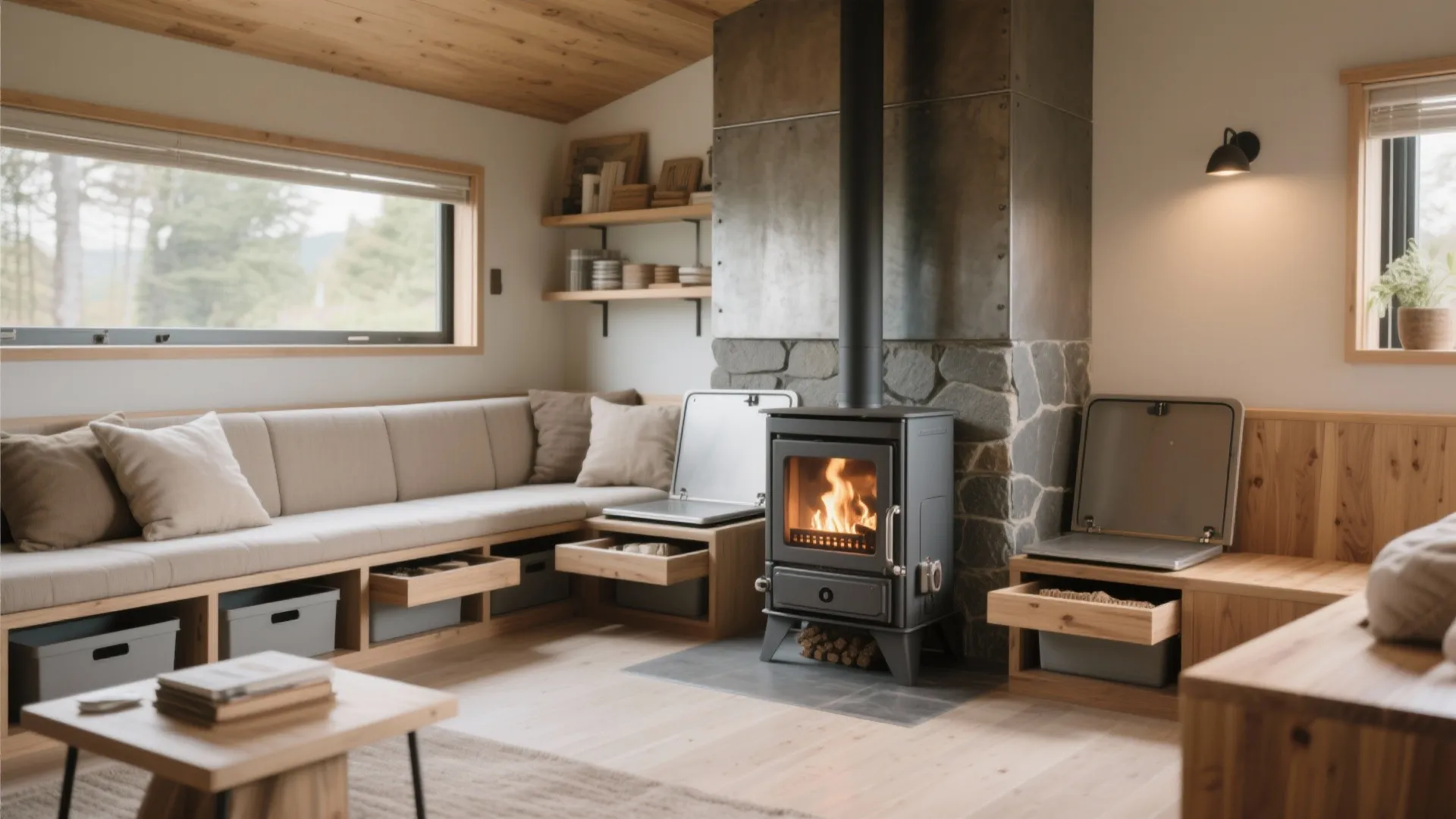 Built-In Seating Wall with Concealed Pellet Storage