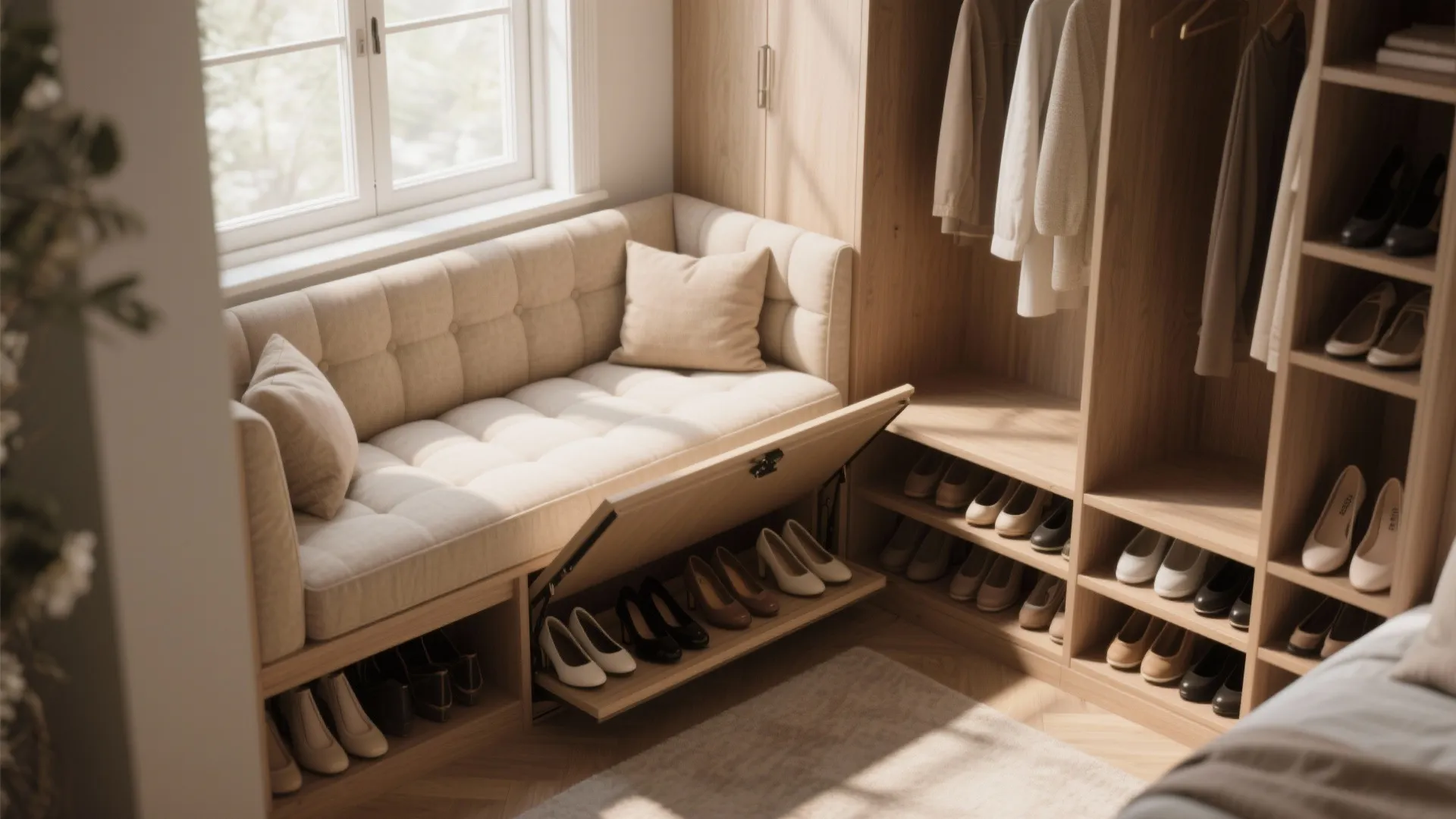 Cushioned window bench with built-in shoe storage in dressing room