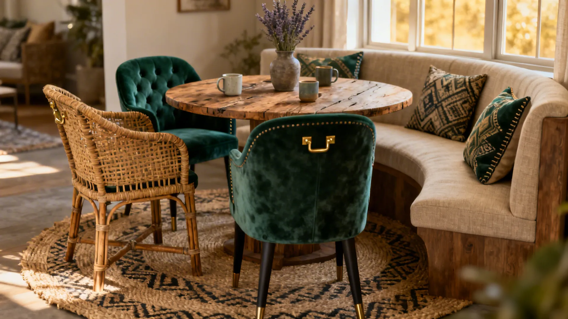 Round dining table surrounded by woven chairs, velvet chairs and a curved bench with textured cushions.
