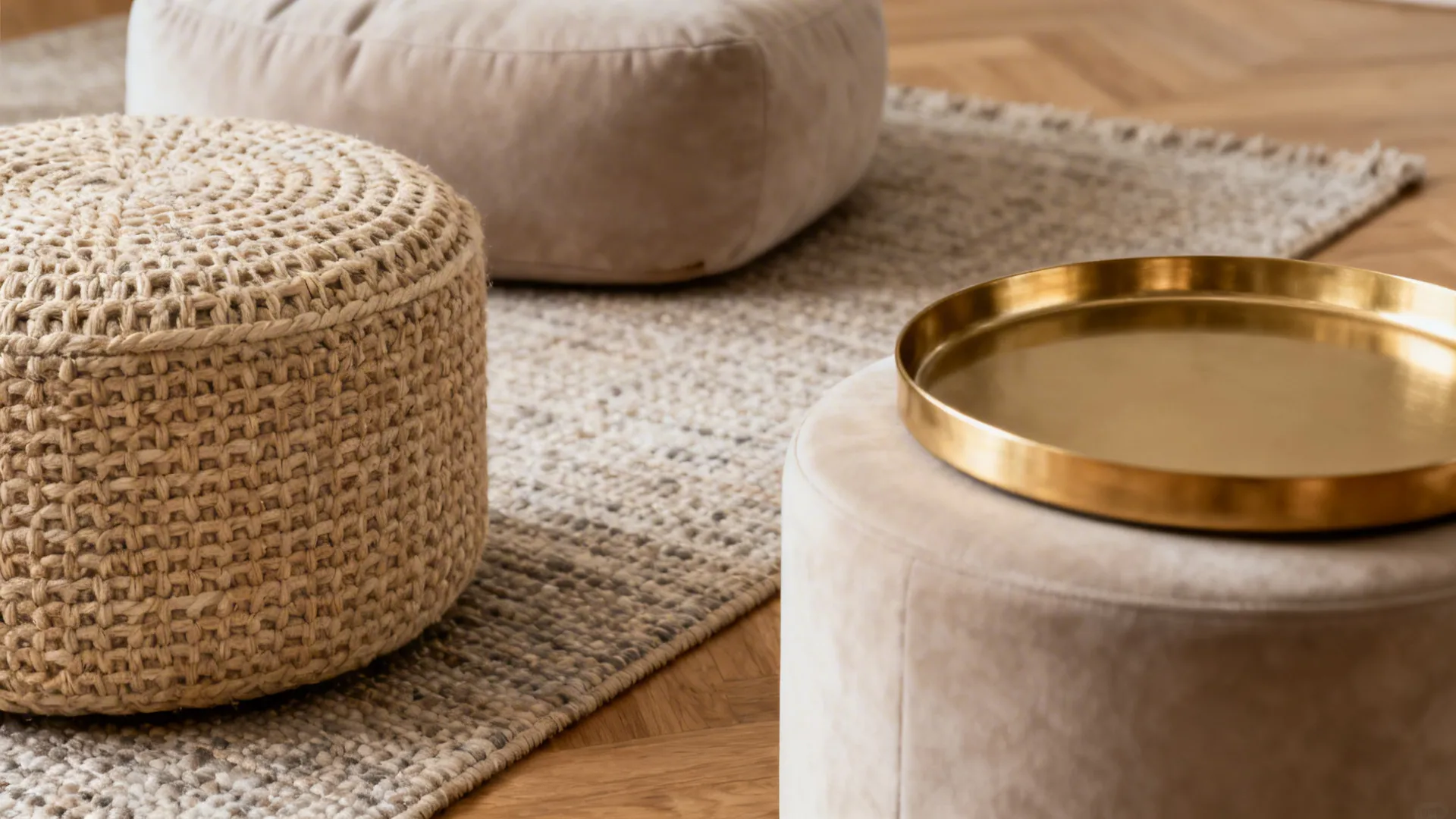 Close-up of a woven ottoman, soft floor cushion, 45 cm stool, and a textured rug in warm light.
