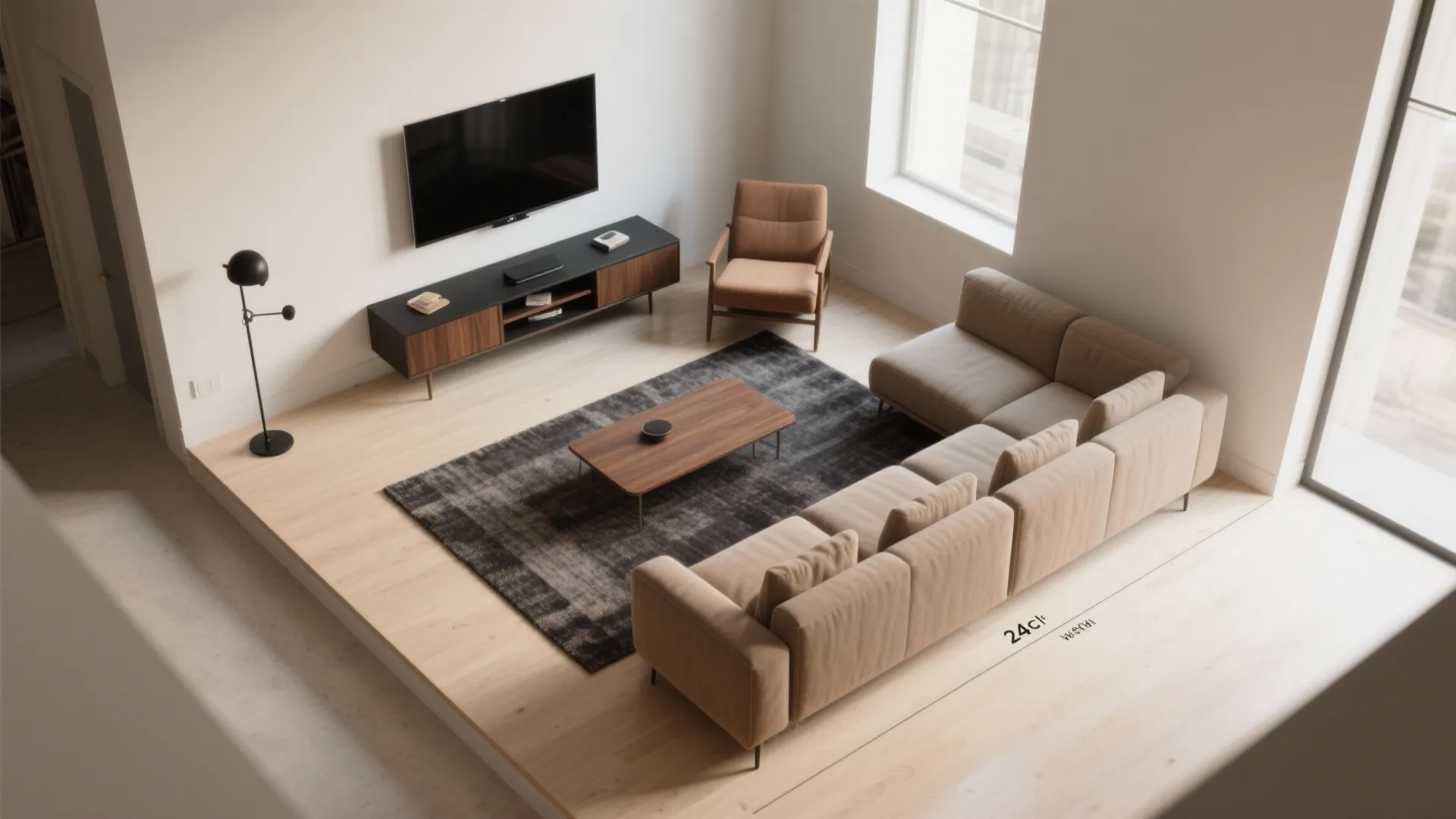 Seating-first layout: L-shaped or floating sofa with a swivel TV