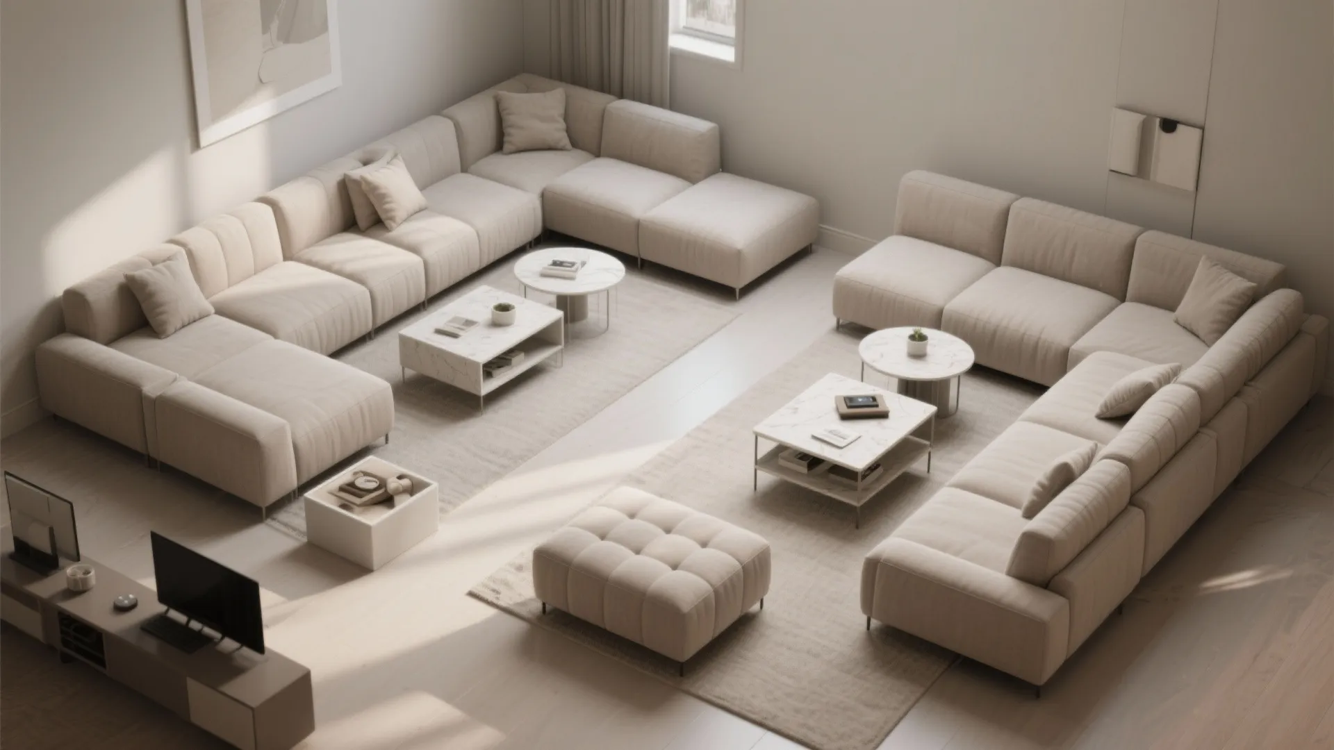 Spacious living room layout with large beige sectional sofas marble coffee tables and a soft rug