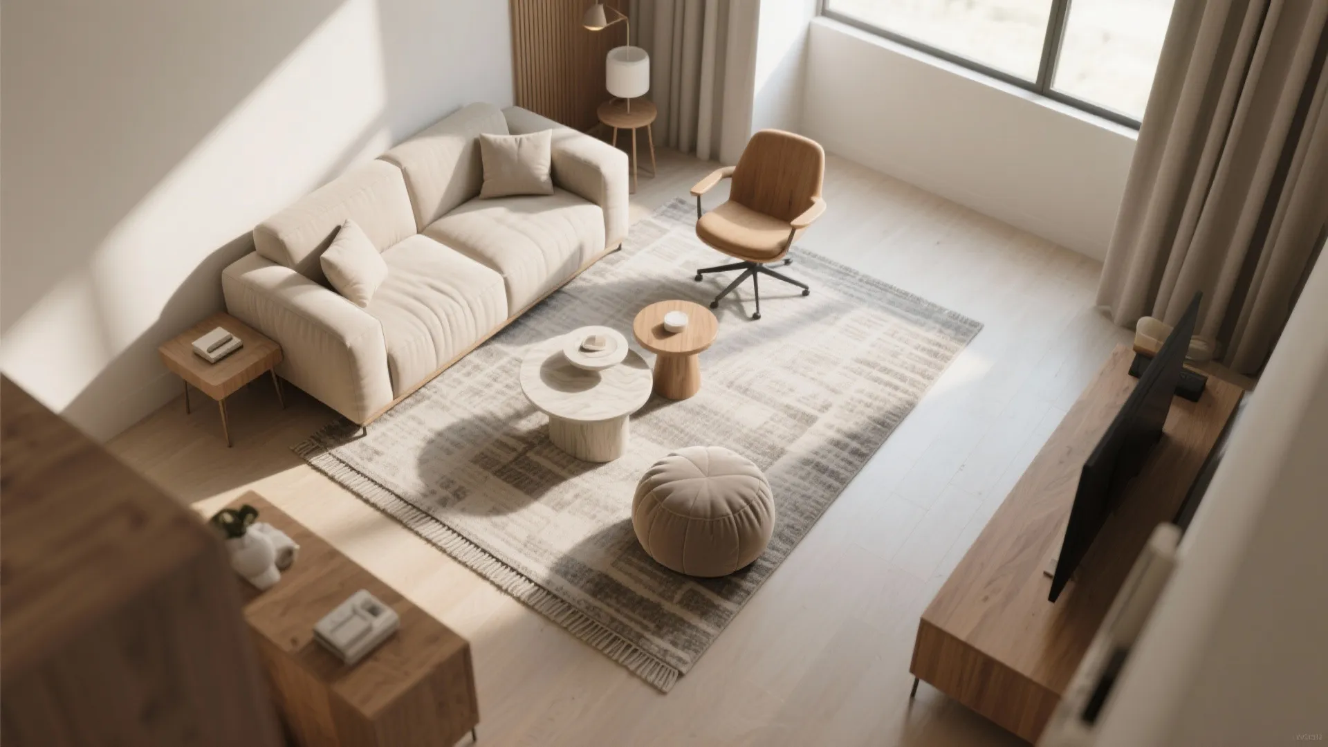 Flexible seating: L-shaped sofa and moveable pieces