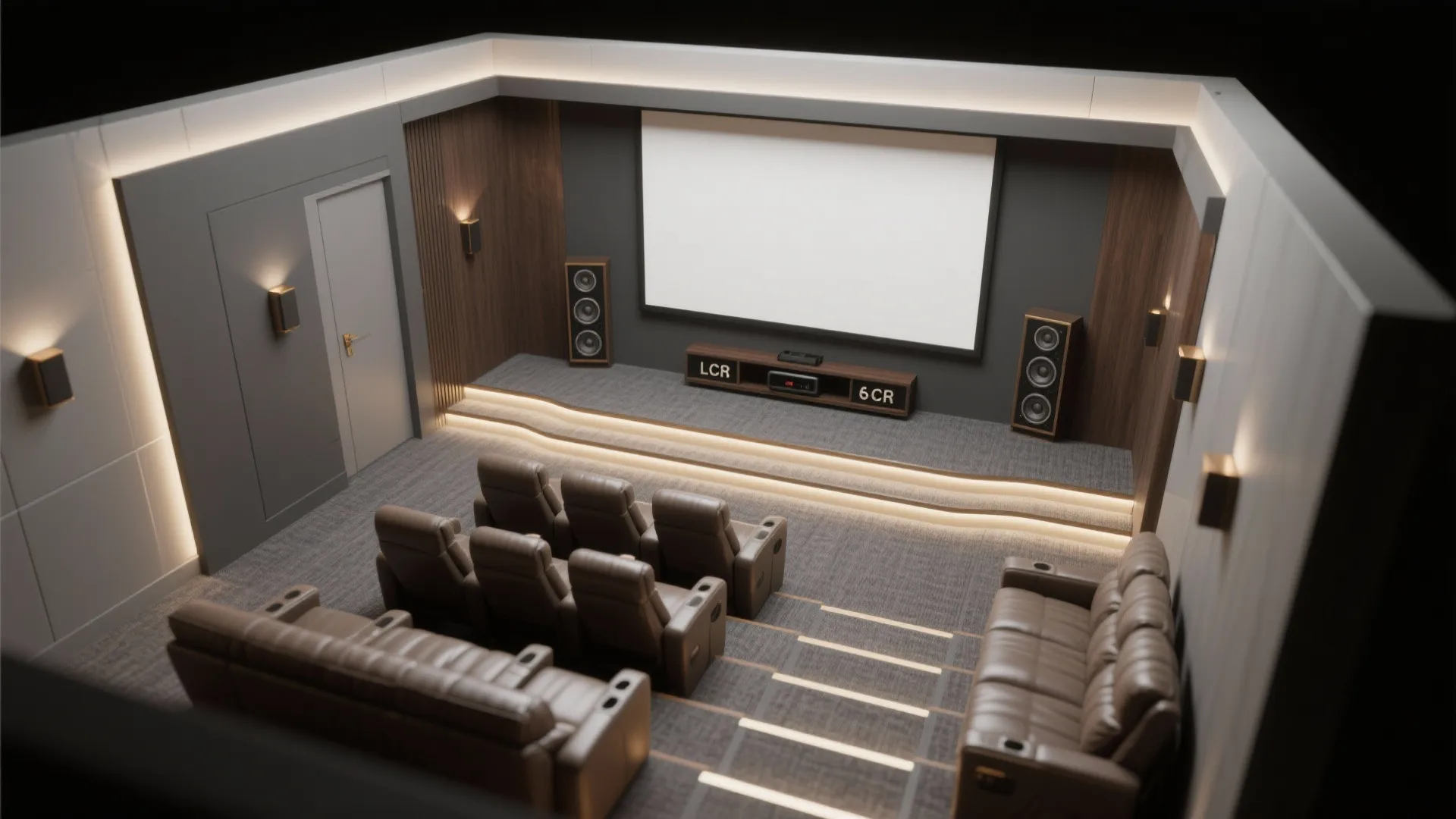 Modern home cinema room with large screen brown leather seats wood panels and warm lighting