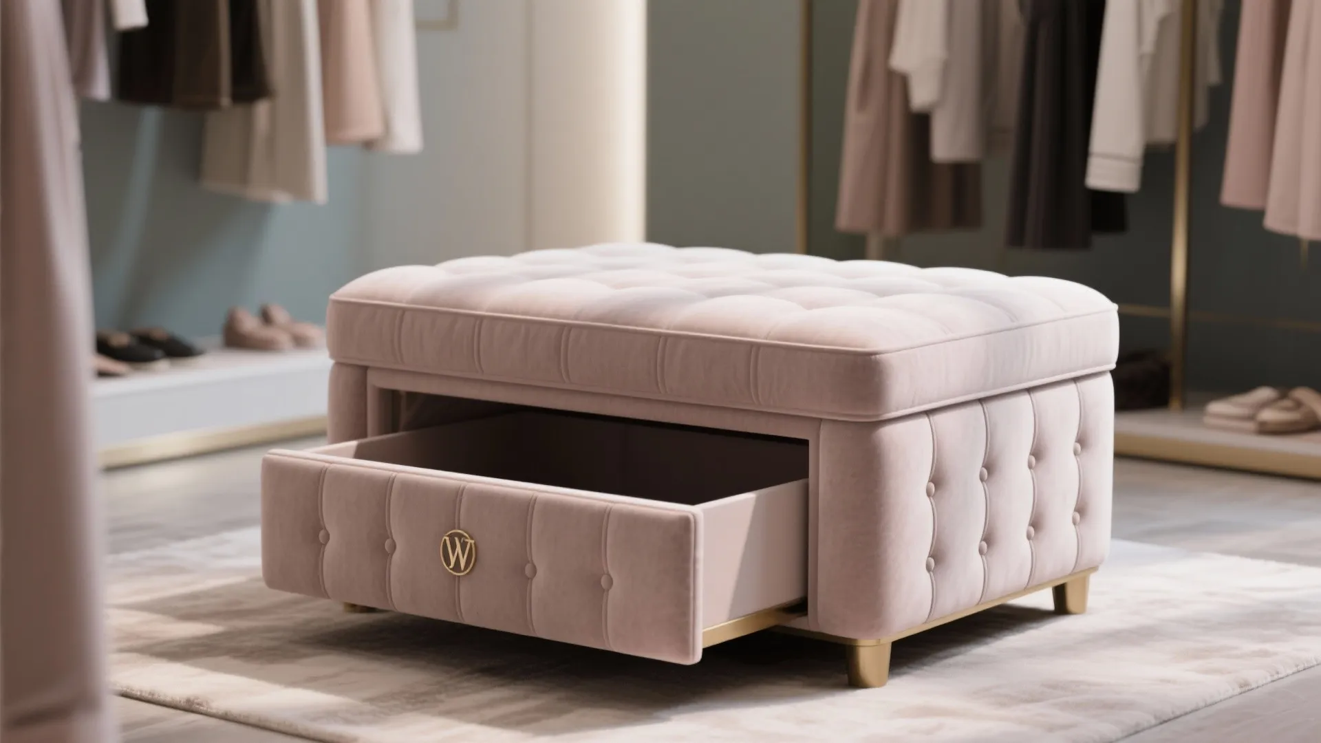 Pink velvet footrest with open storage drawer on rug in a boutique clothing store interior setting