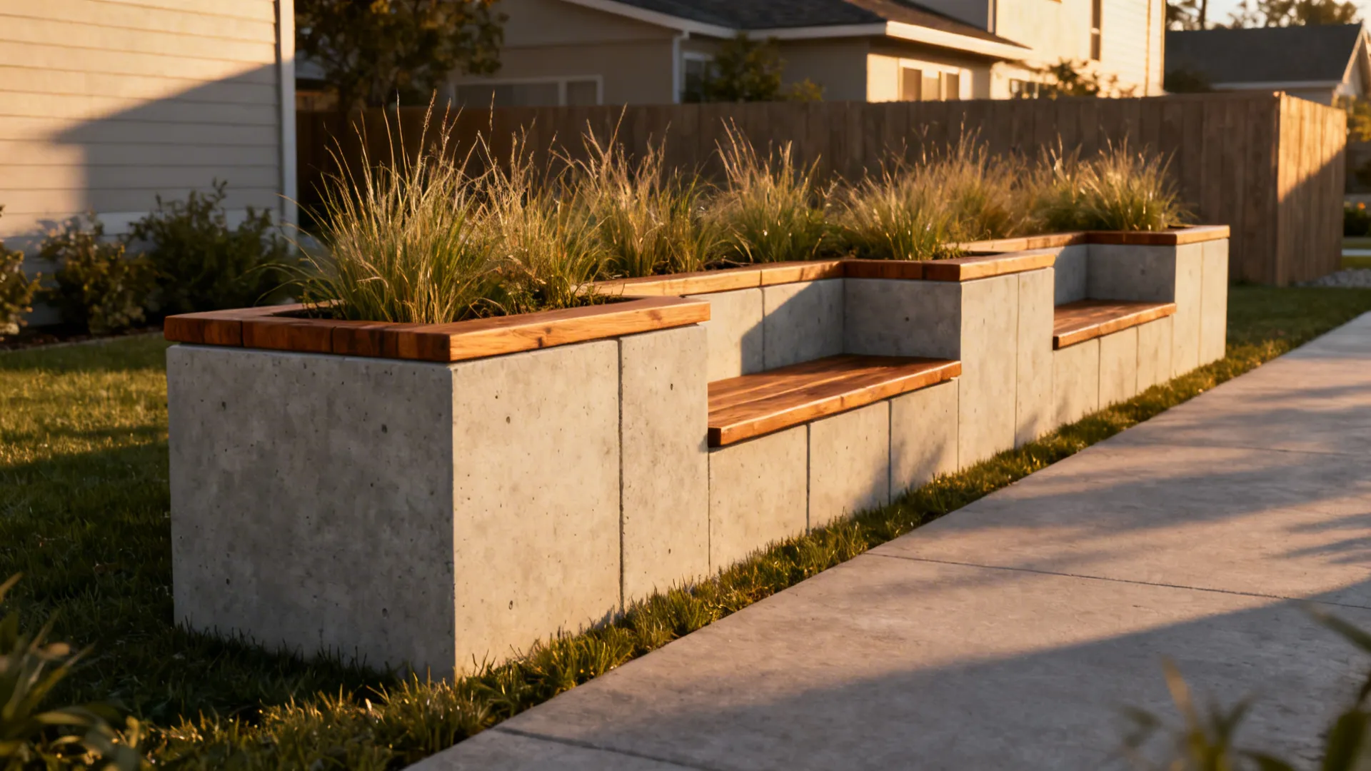 Low seating wall that doubles as planter and bench in a narrow front yard