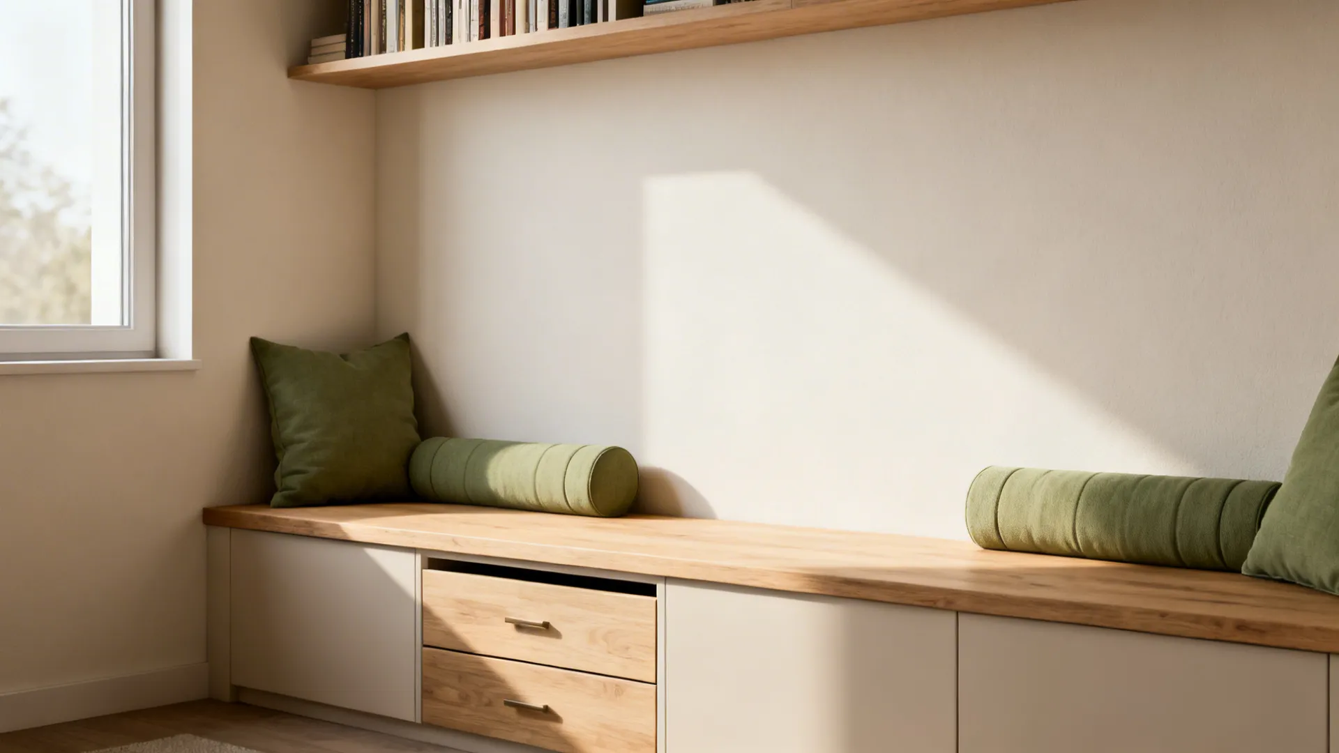 Built-in bench with hidden storage and a slim bookcase above in a compact living room