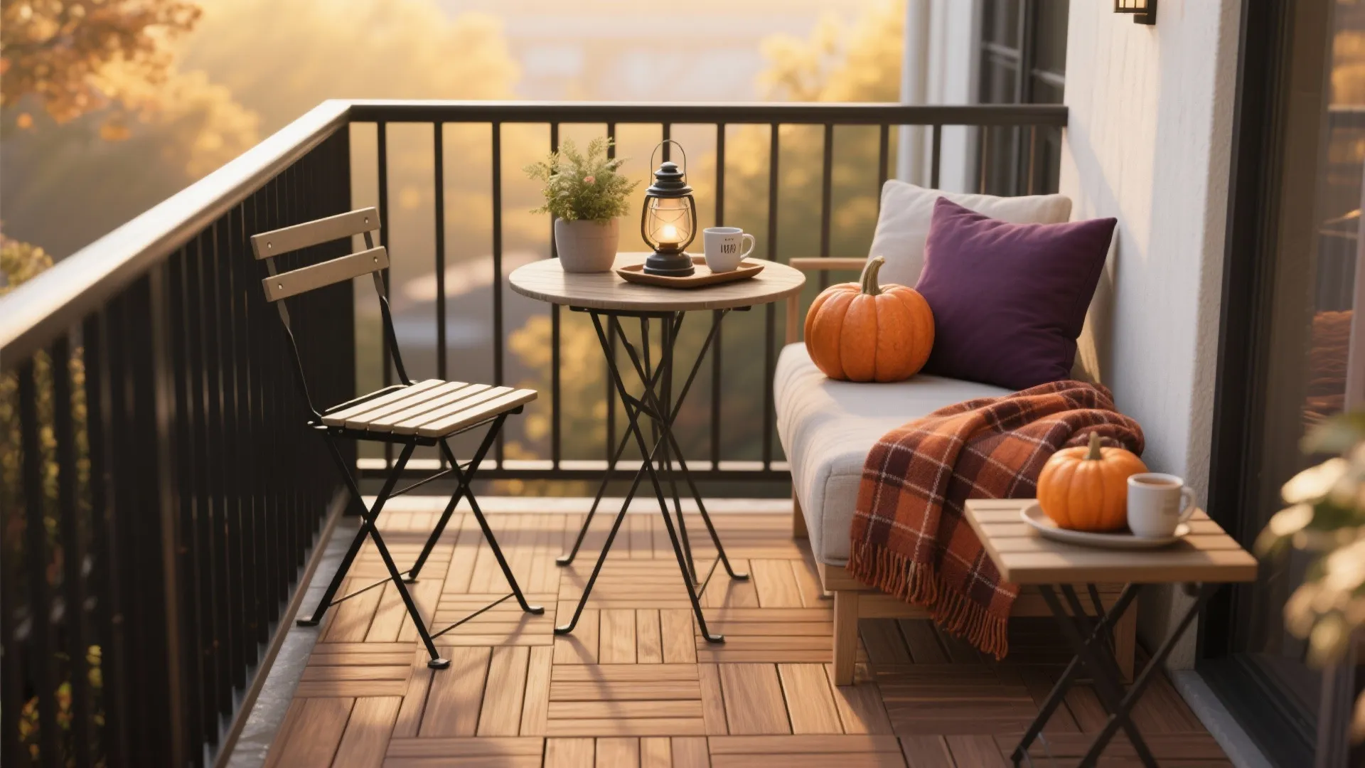Cozy balcony with wood flooring small table folding chair sofa pumpkins lantern and warm sunset light