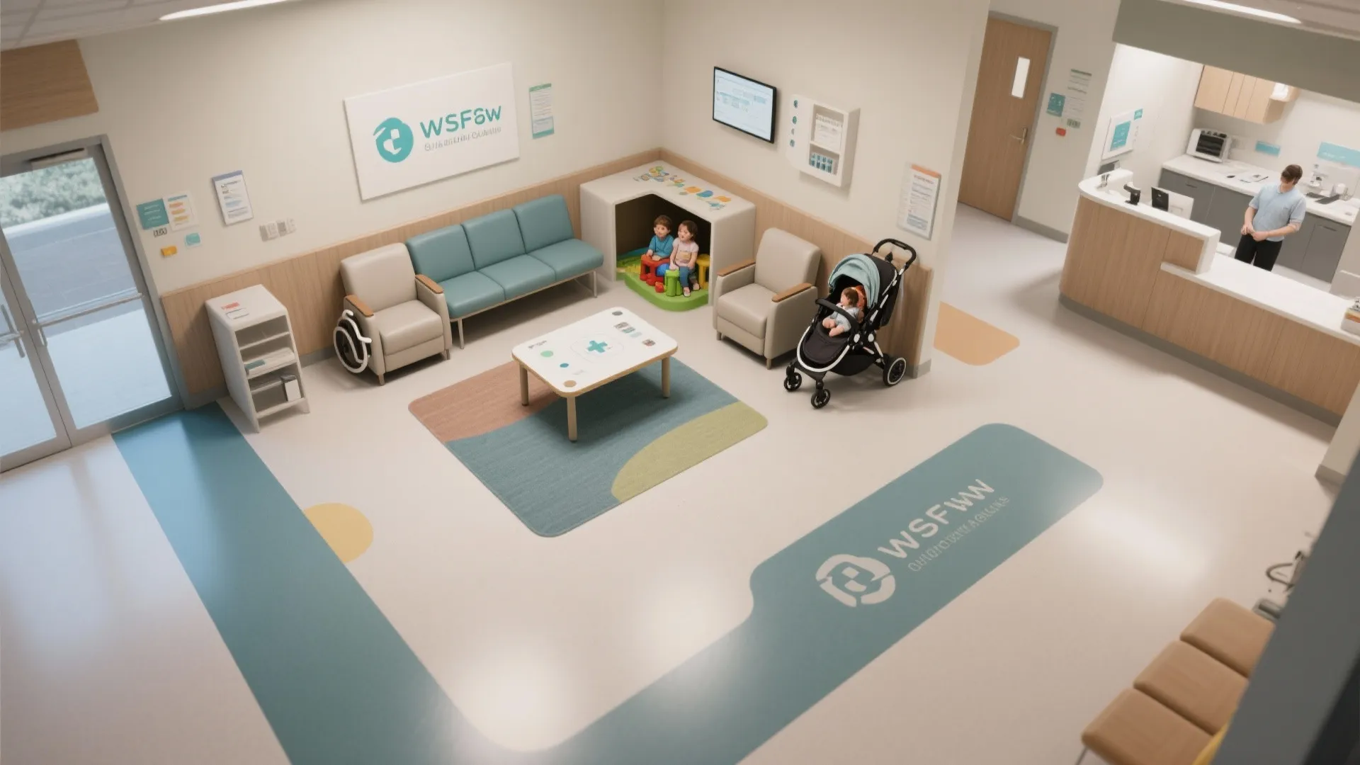 Modern clinic waiting area with blue sofa, small table, play area for kids and stroller