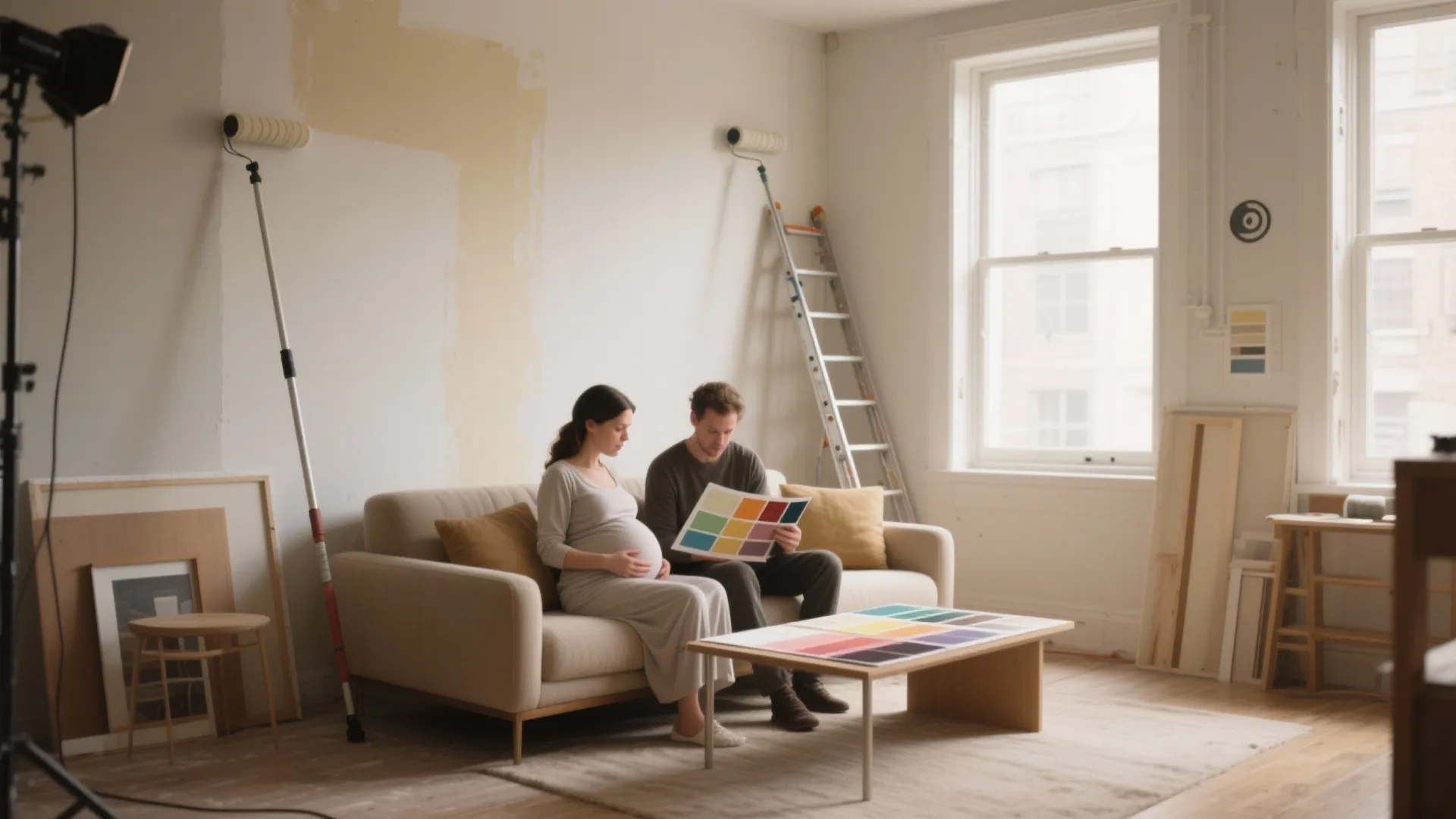 Couple sitting on sofa choosing wall colors with paint swatches in a messy renovation room
