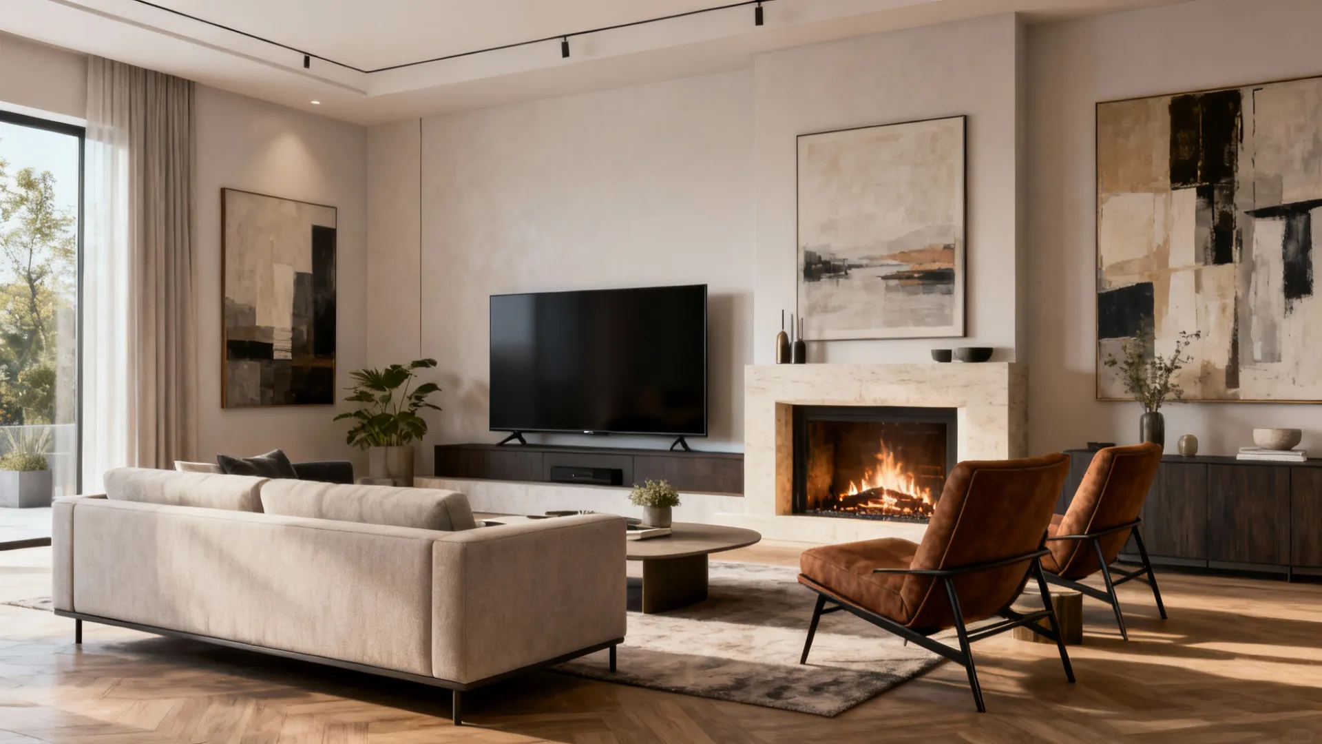 Modern living room with beige sofa, brown leather chairs, television, fireplace, and abstract wall art
