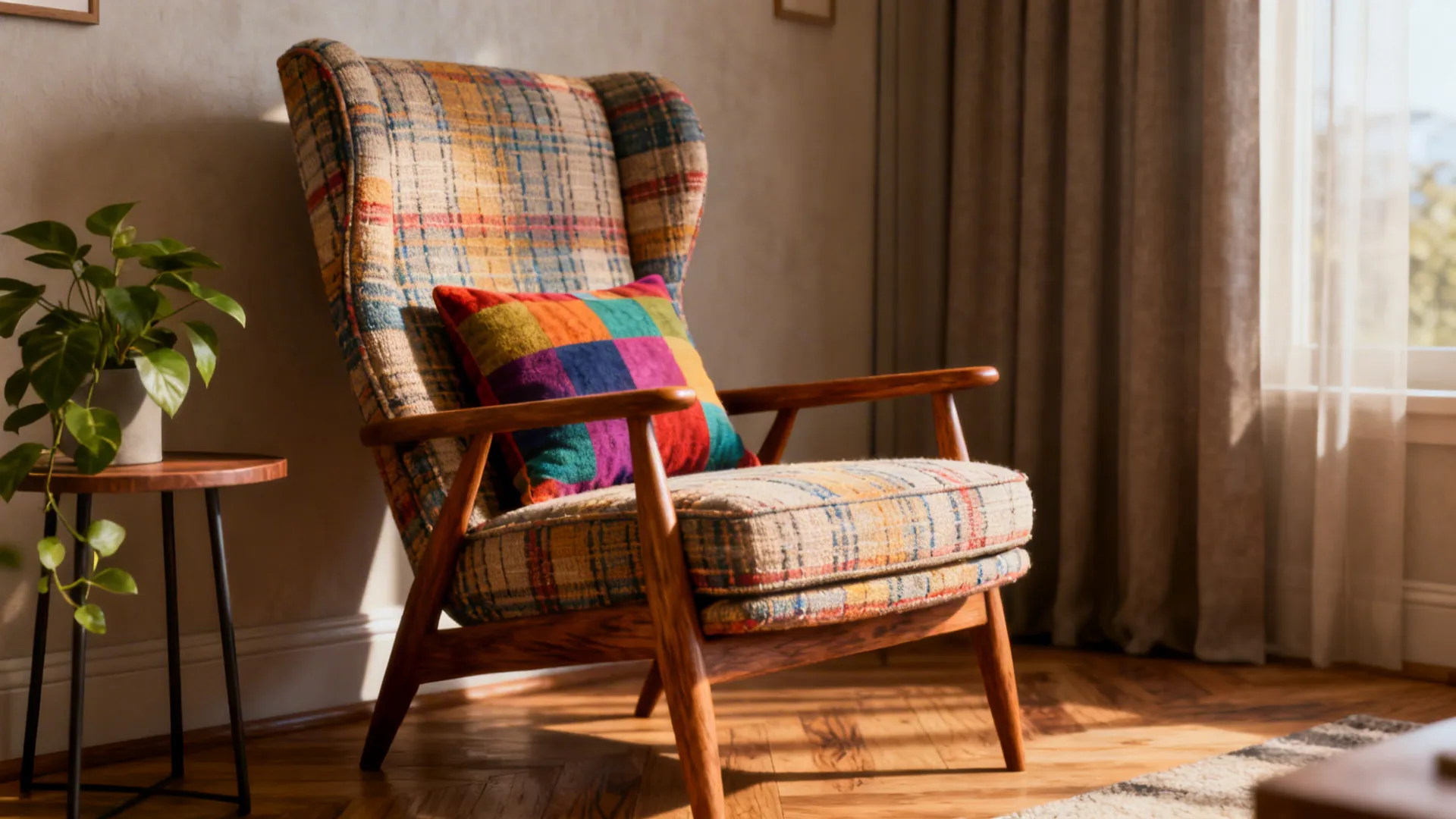 Restored mid-century statement chair with fresh upholstery and cushion in a cozy corner.