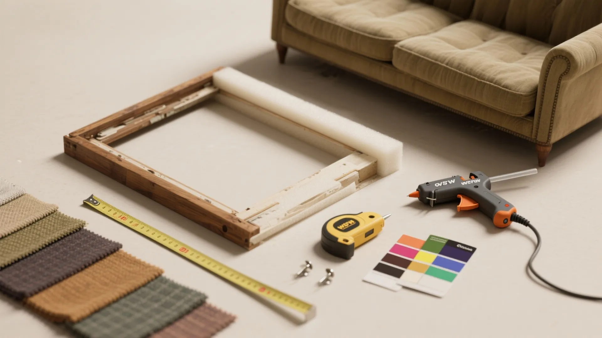 Top-down view of upholstery materials and tools for refreshing a secondhand sofa