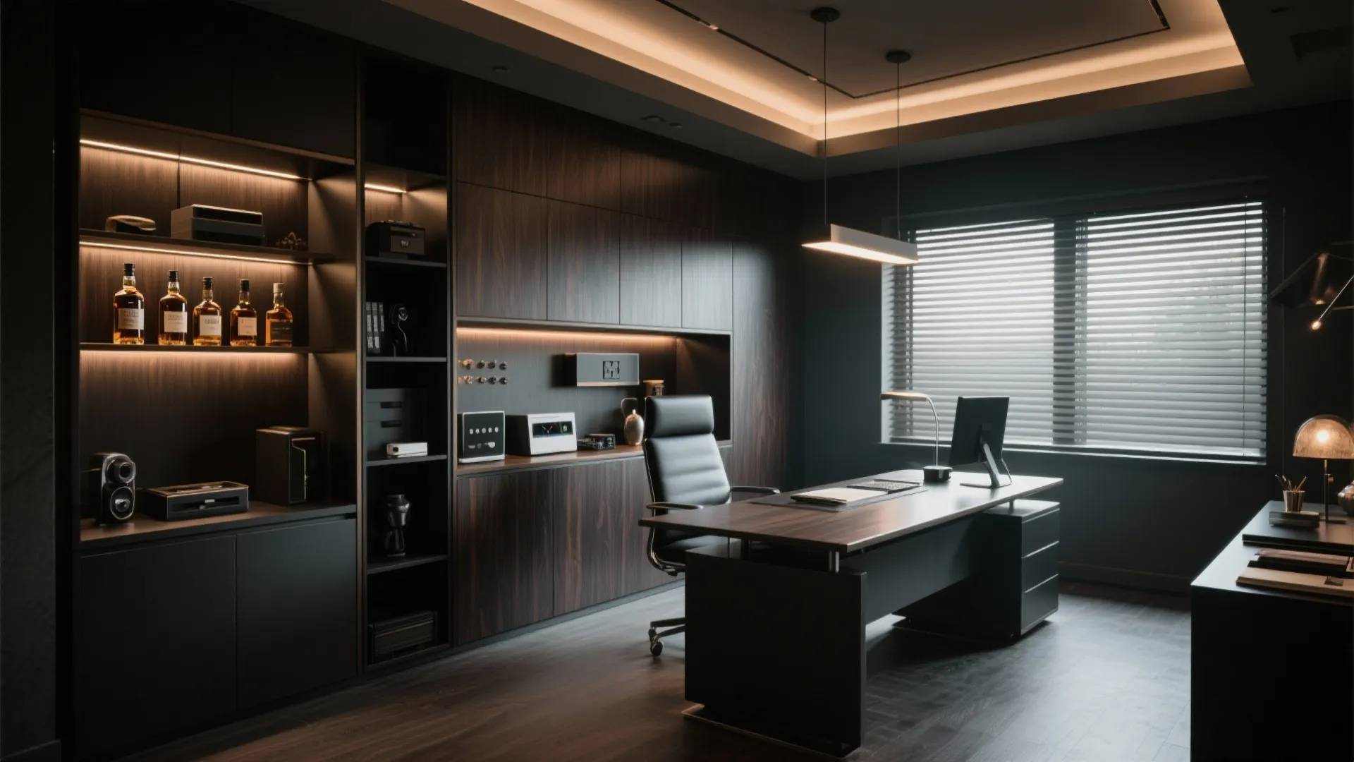 Modern home office with dark wood cabinets black desk leather chair and soft warm lighting
