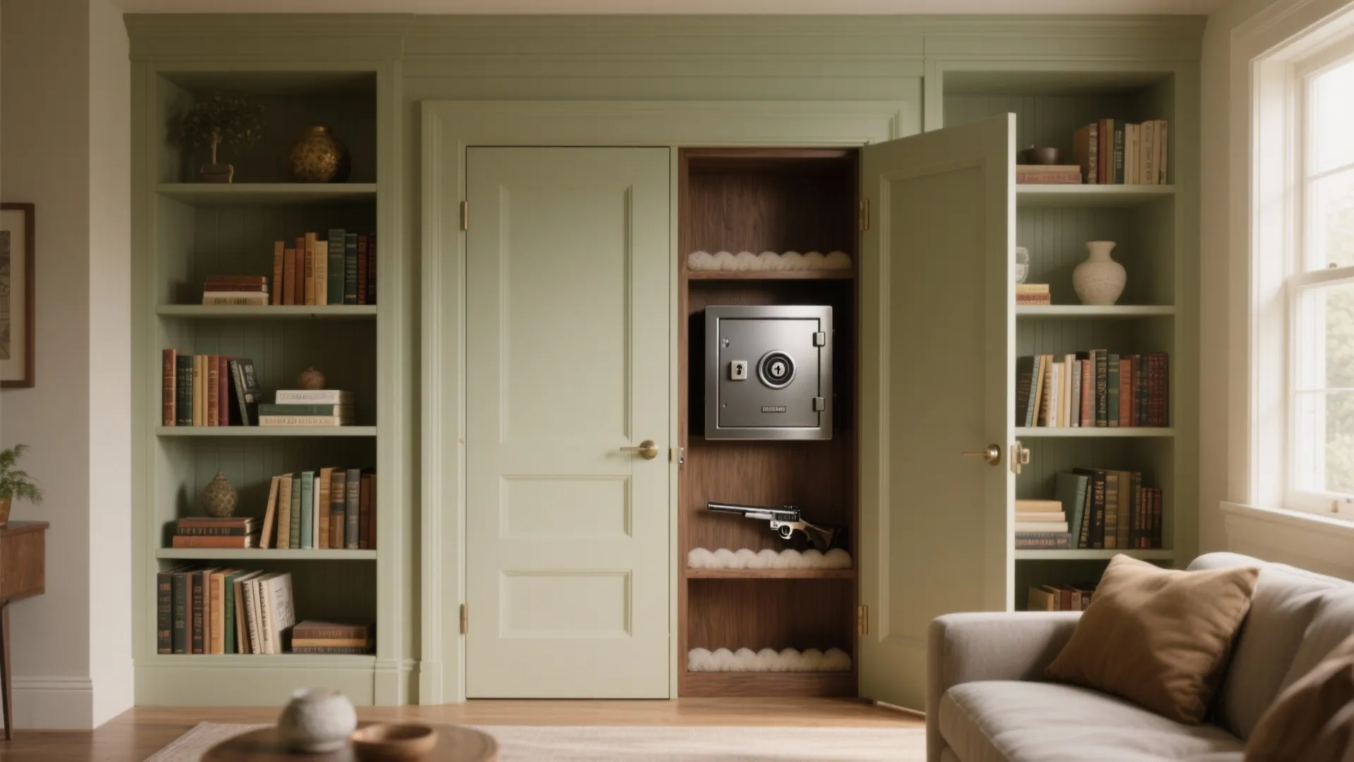 Green living room wall with bookshelves and a hidden wall safe inside an open door