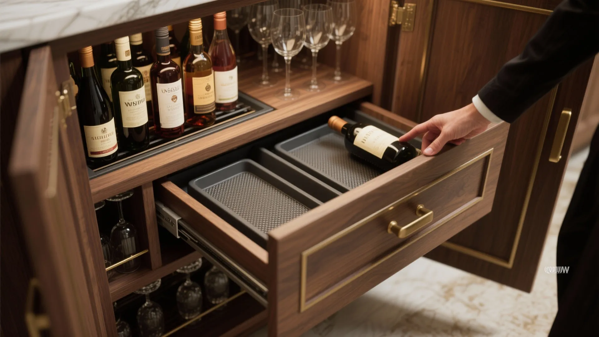Macro detail of a hidden cabinet bar with pull-out trays and stemware racks, showing wood finish and brass hardware.