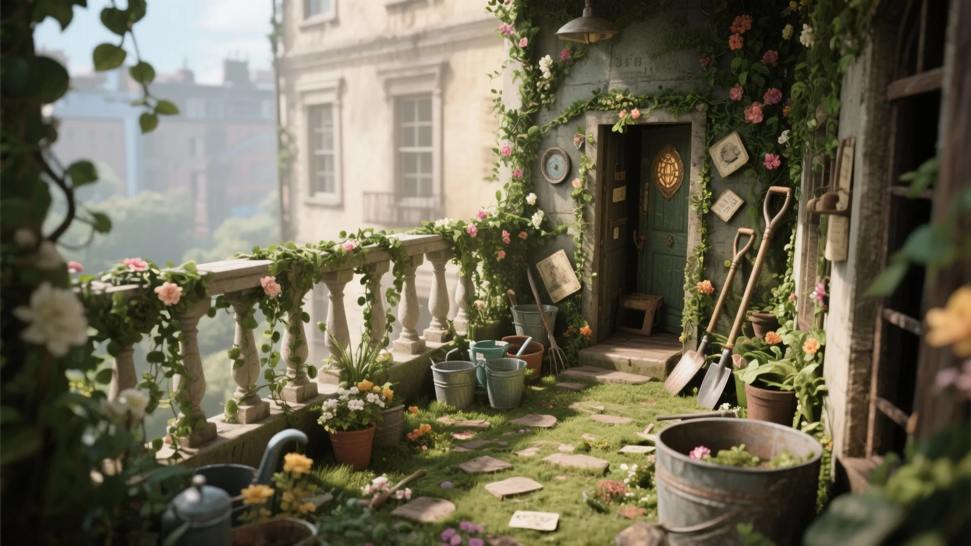 Balcony transformed into a lush secret garden escape room for kids