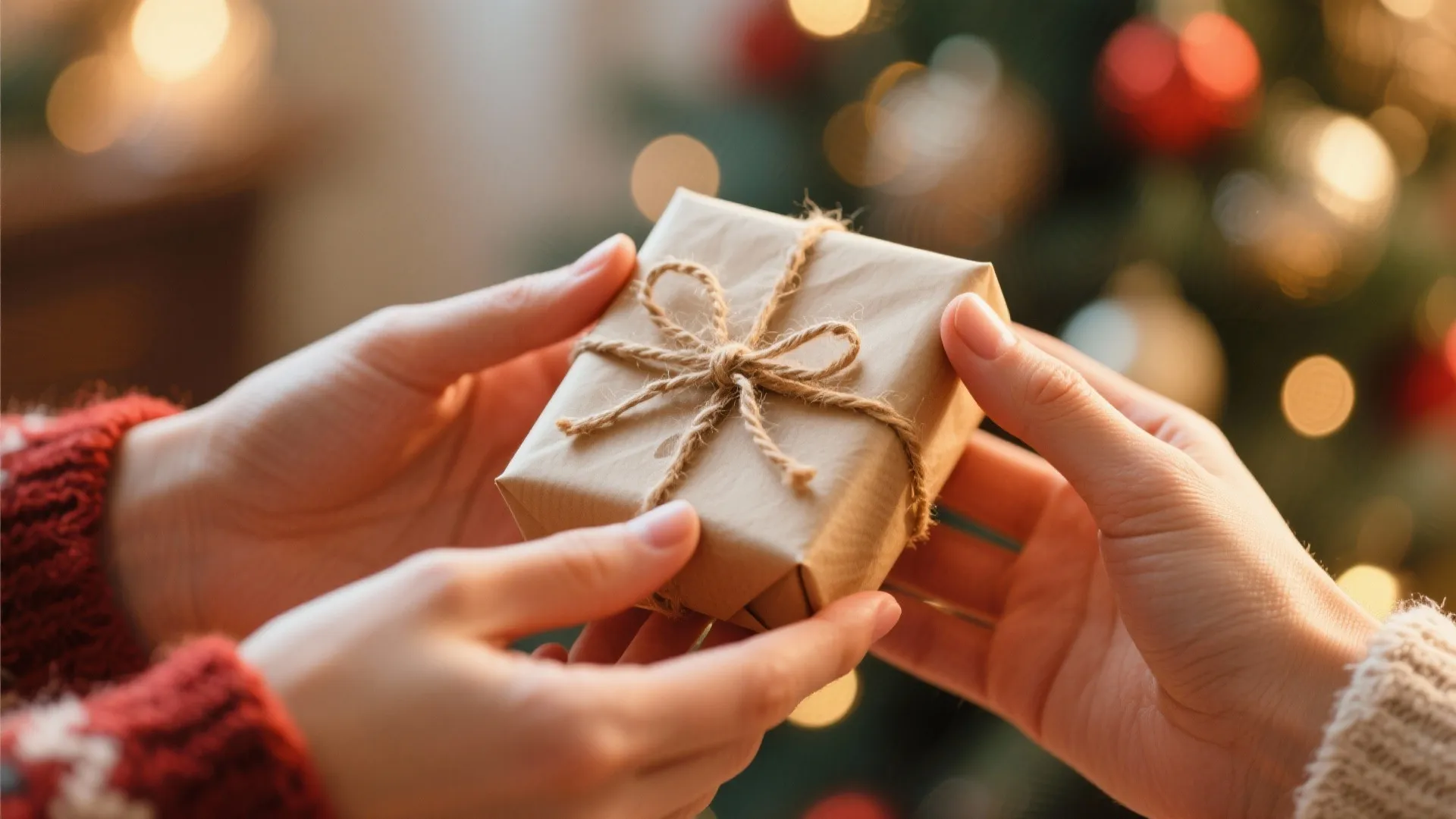 Two hands holding a small gift wrapped in brown paper with a simple twine bow