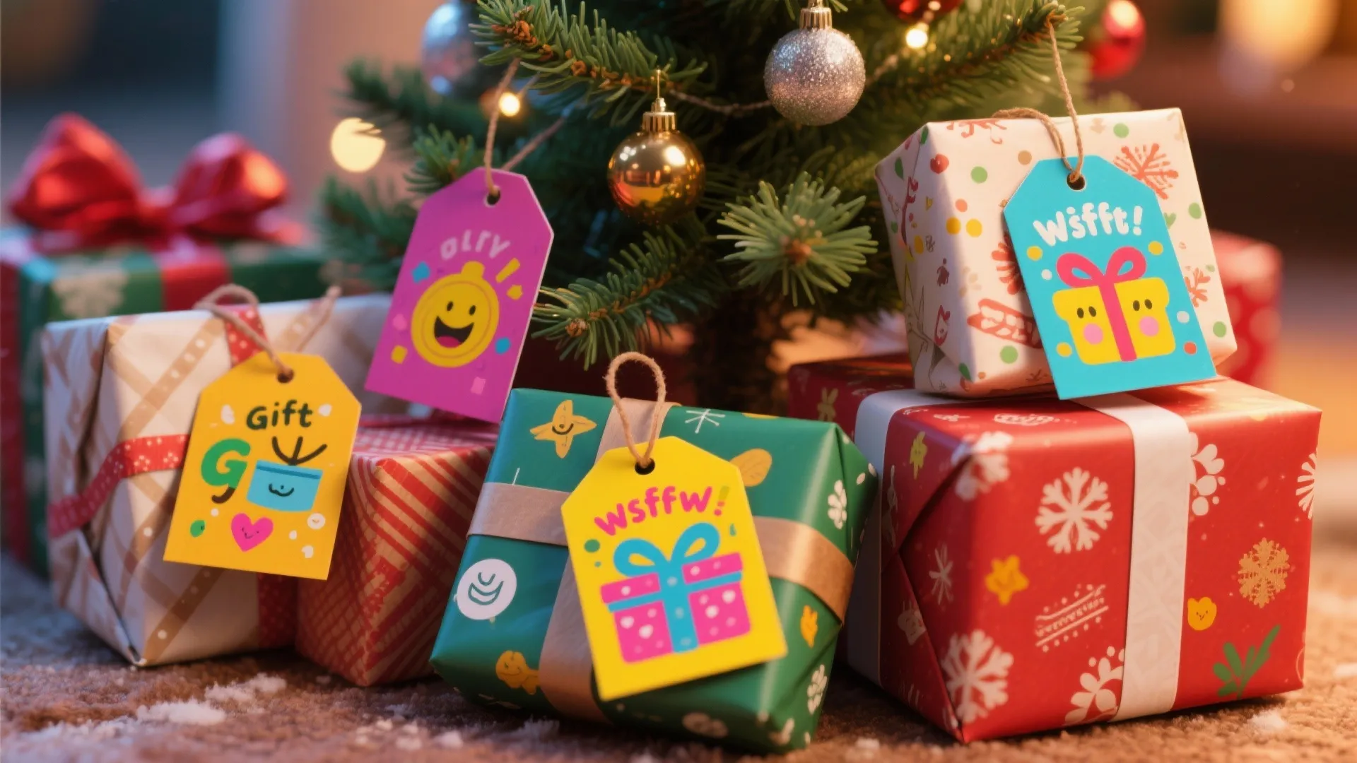 Colorful wrapped gift boxes with bright tags placed under a small decorated green Christmas tree