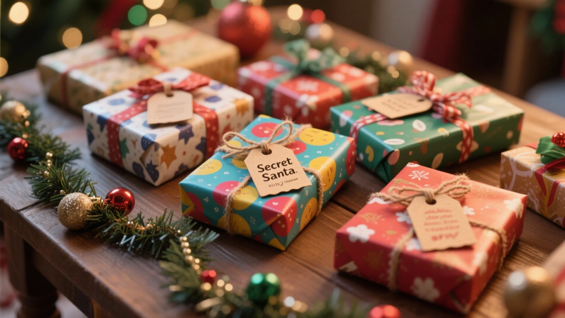 Several colorful wrapped gift boxes with Secret Santa name tags on a rustic wooden table surface