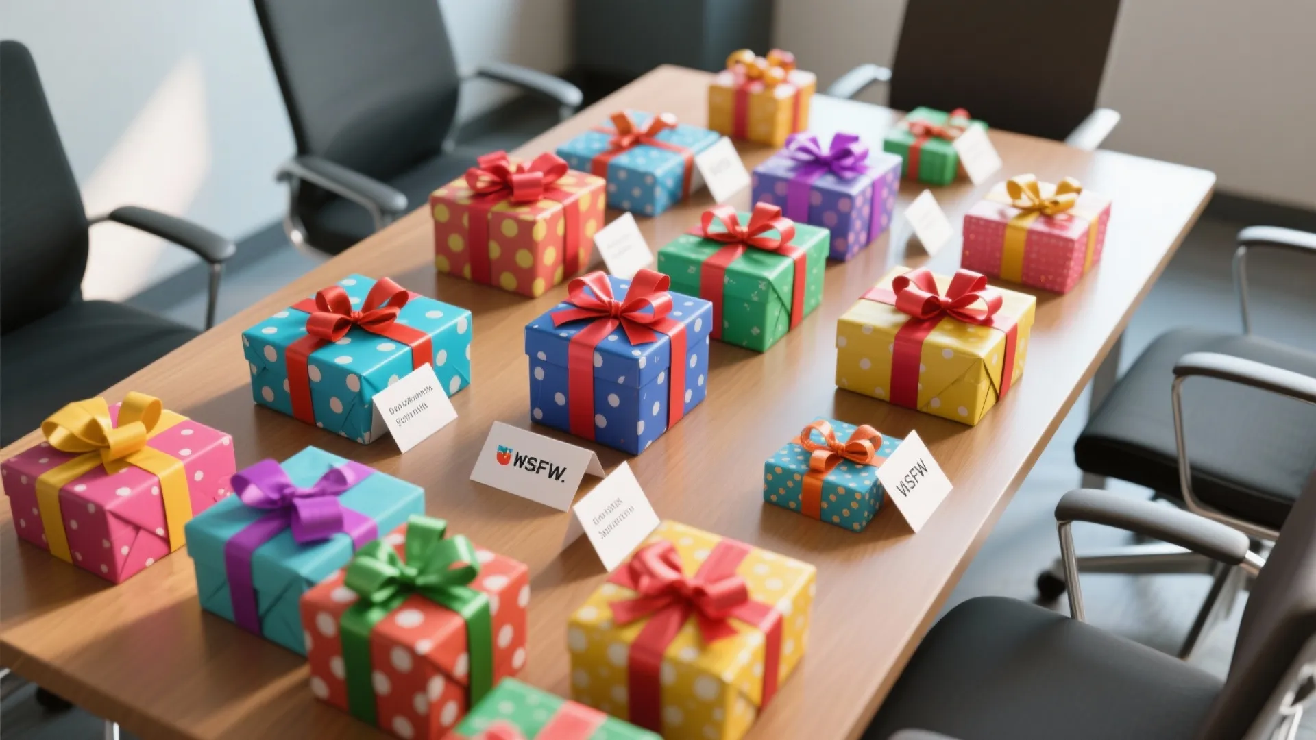 Colorful gift boxes with ribbons and name tags arranged on a wooden office meeting table