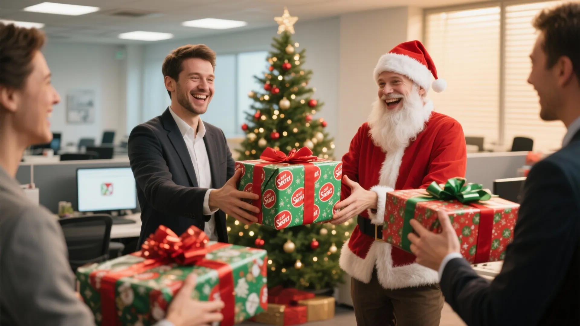 Santa Claus giving green Christmas gifts to happy office workers near a tall decorated tree