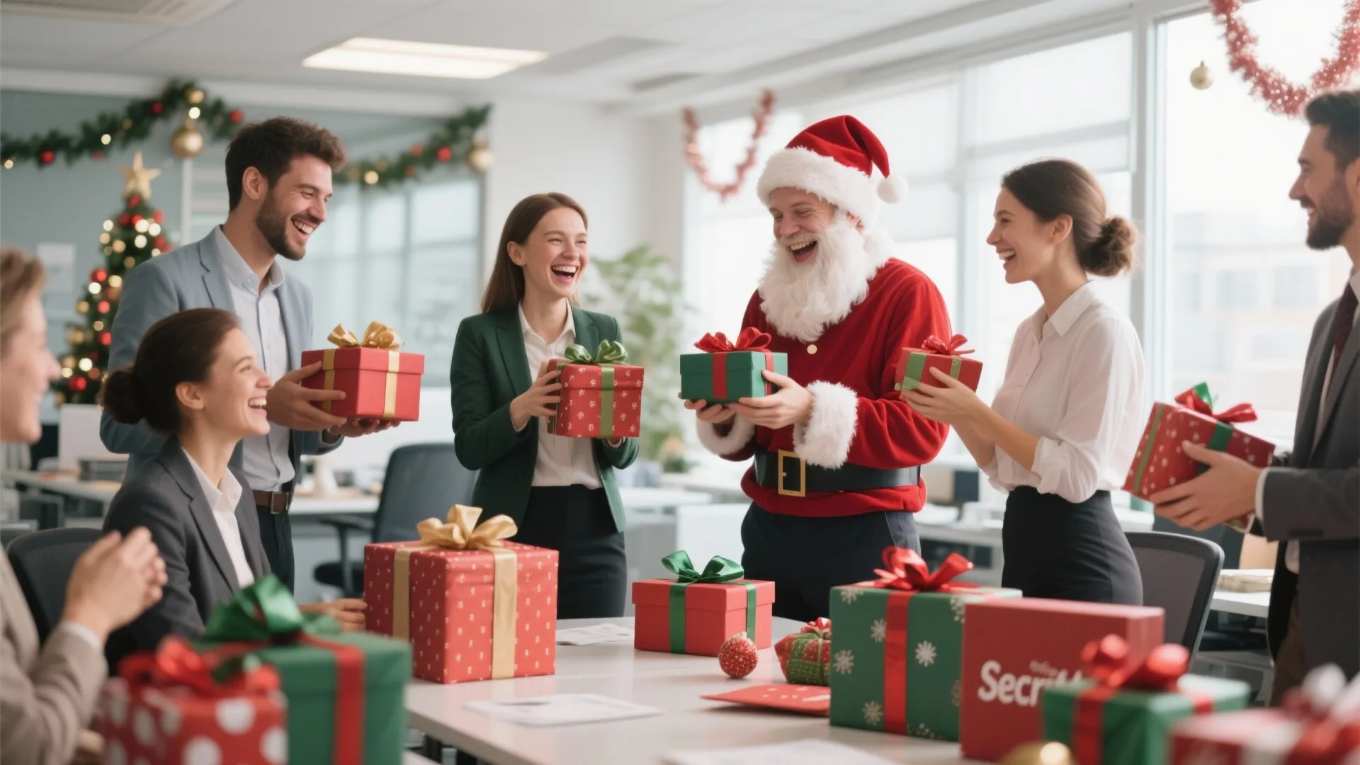 Santa Claus giving wrapped gifts to happy office workers in a decorated room with Christmas tree