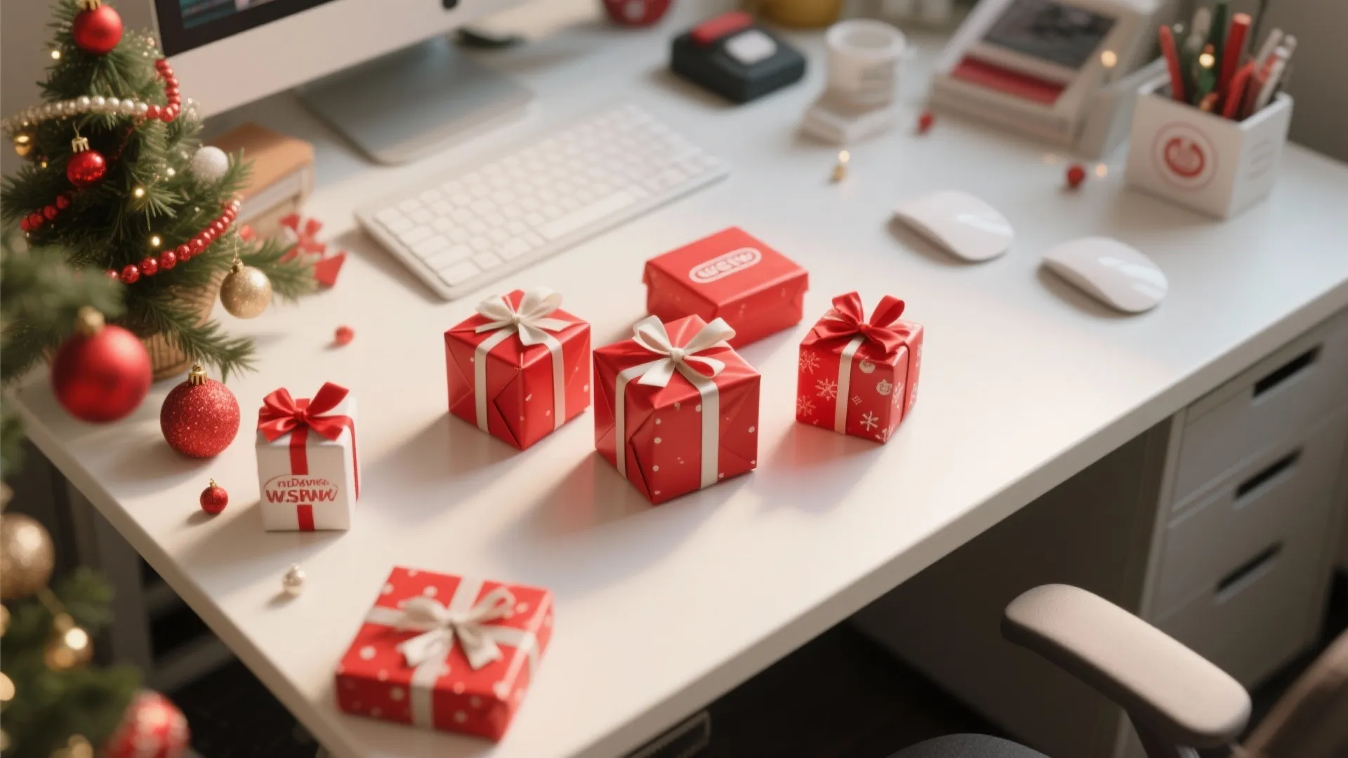 Small red and white gift boxes arranged on a white office desk with Christmas tree
