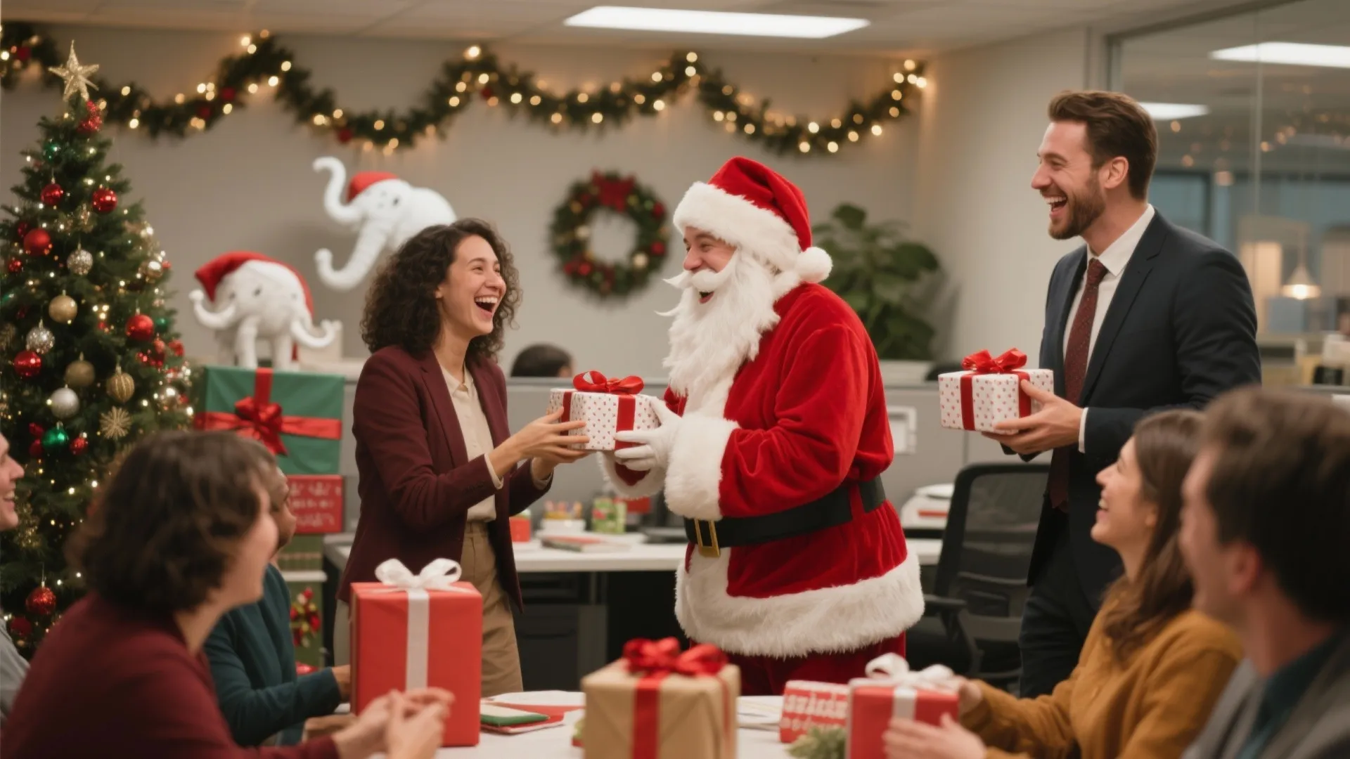 Santa Claus giving Christmas gifts to happy office employees in a festive workspace with decorations
