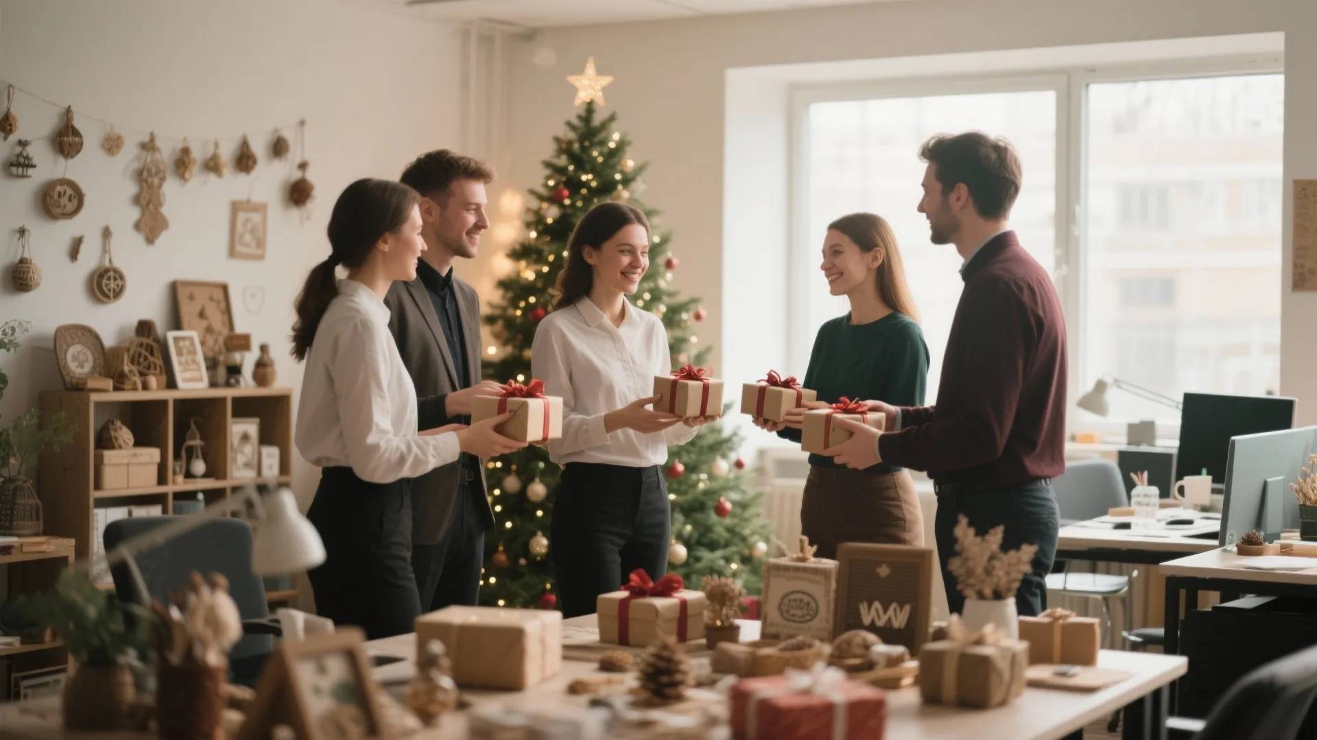 Colleagues exchanging handmade and second-hand Secret Santa gifts