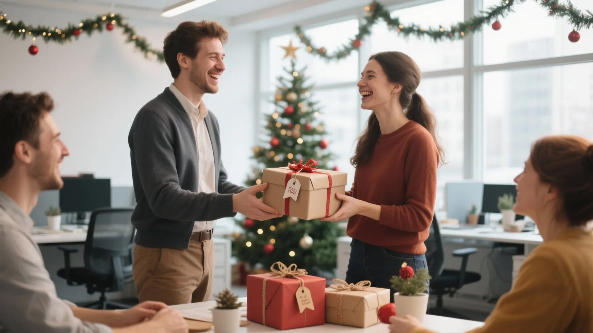People exchanging wrapped gifts in a bright office decorated with a Christmas tree and greenery