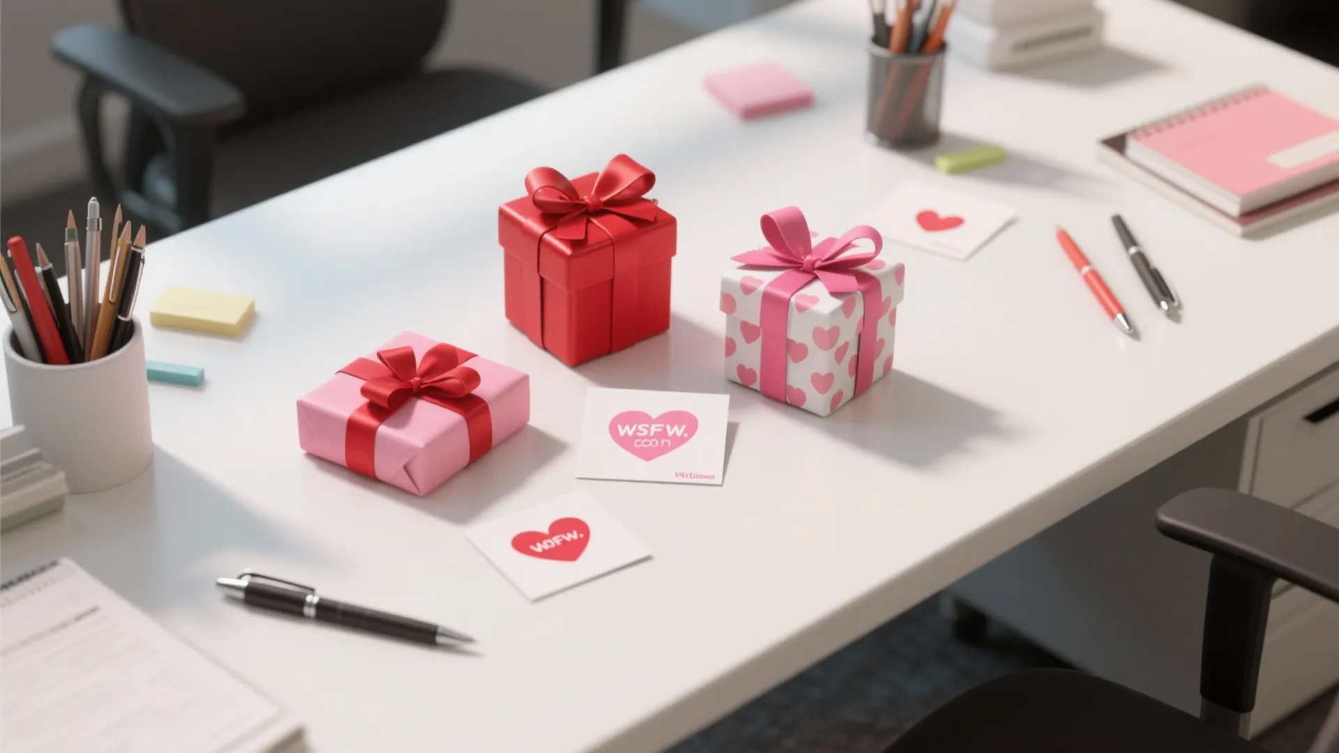Wrapped Valentine gifts and compliment cards on a desk