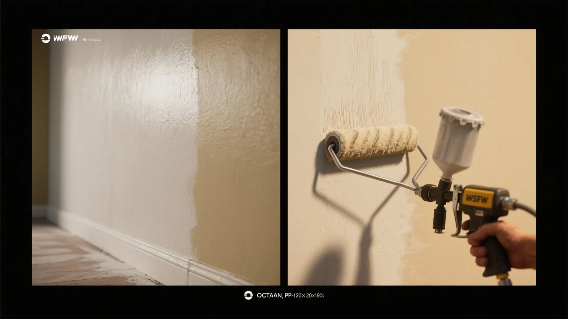 Before-and-after of a wall section showing sprayed finish versus sprayed plus back-brushed smooth finish.