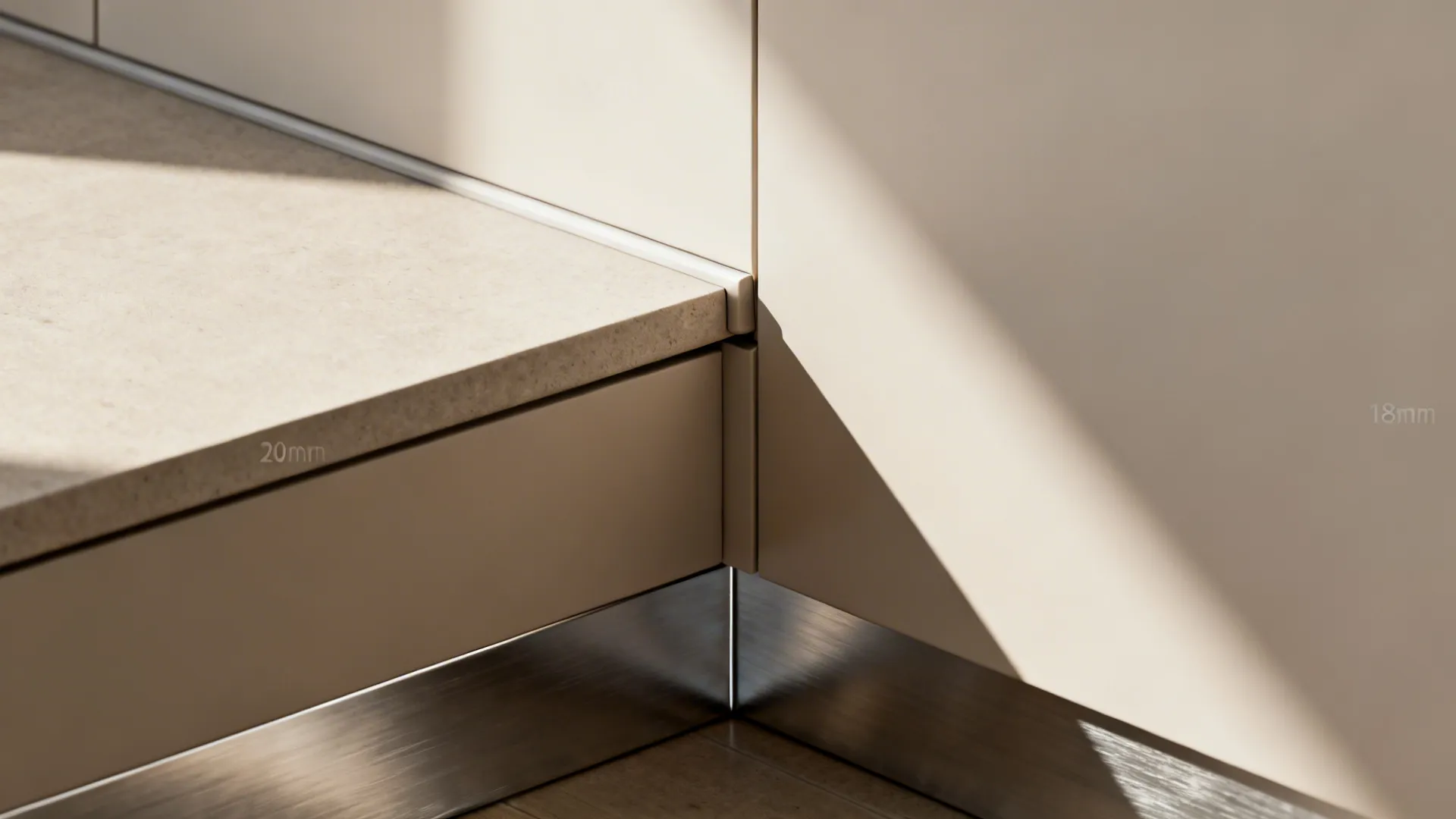 Macro section of countertop meeting an end panel with a clean shadow reveal and toe-kick.