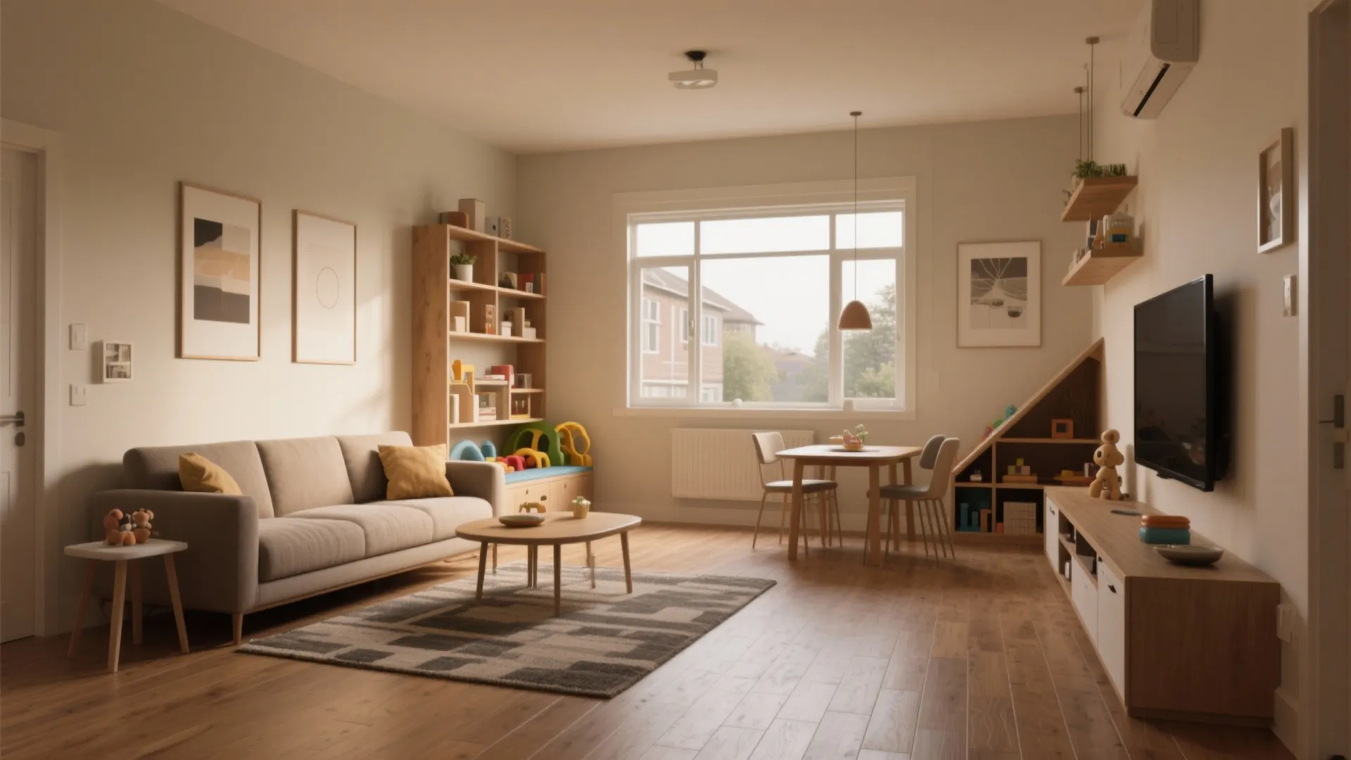 Spacious family living room including grey sofa wooden coffee table dining set and large television unit