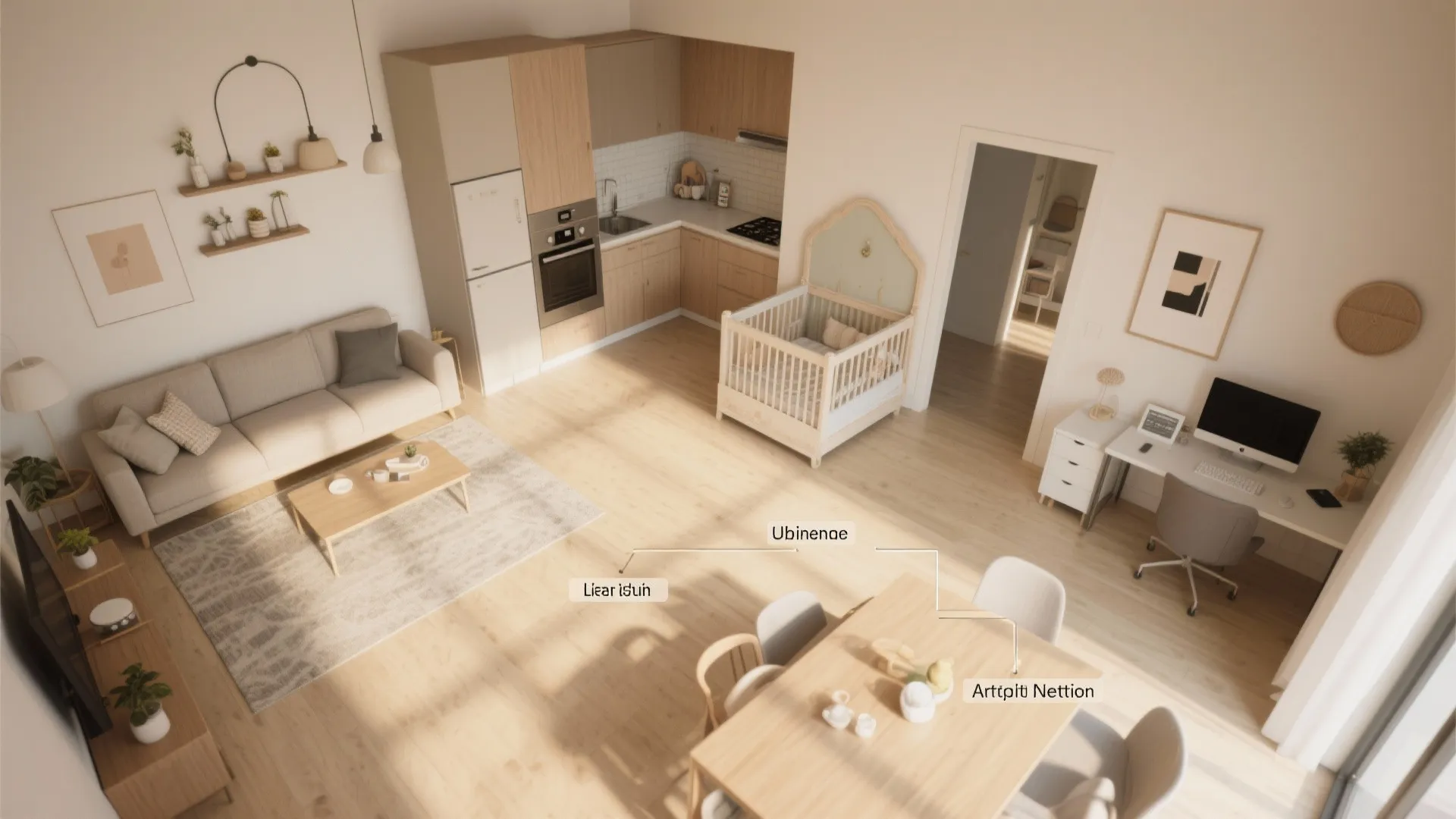 Open-plan three-bedroom rental showing living, office, and nursery zones to illustrate typical Section 8 coverage considerations.