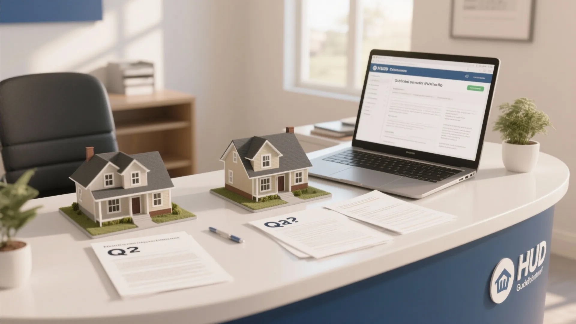 Desk with FAQ printouts and HUD guidance resources for Section 8 questions about 3-bedroom rentals.