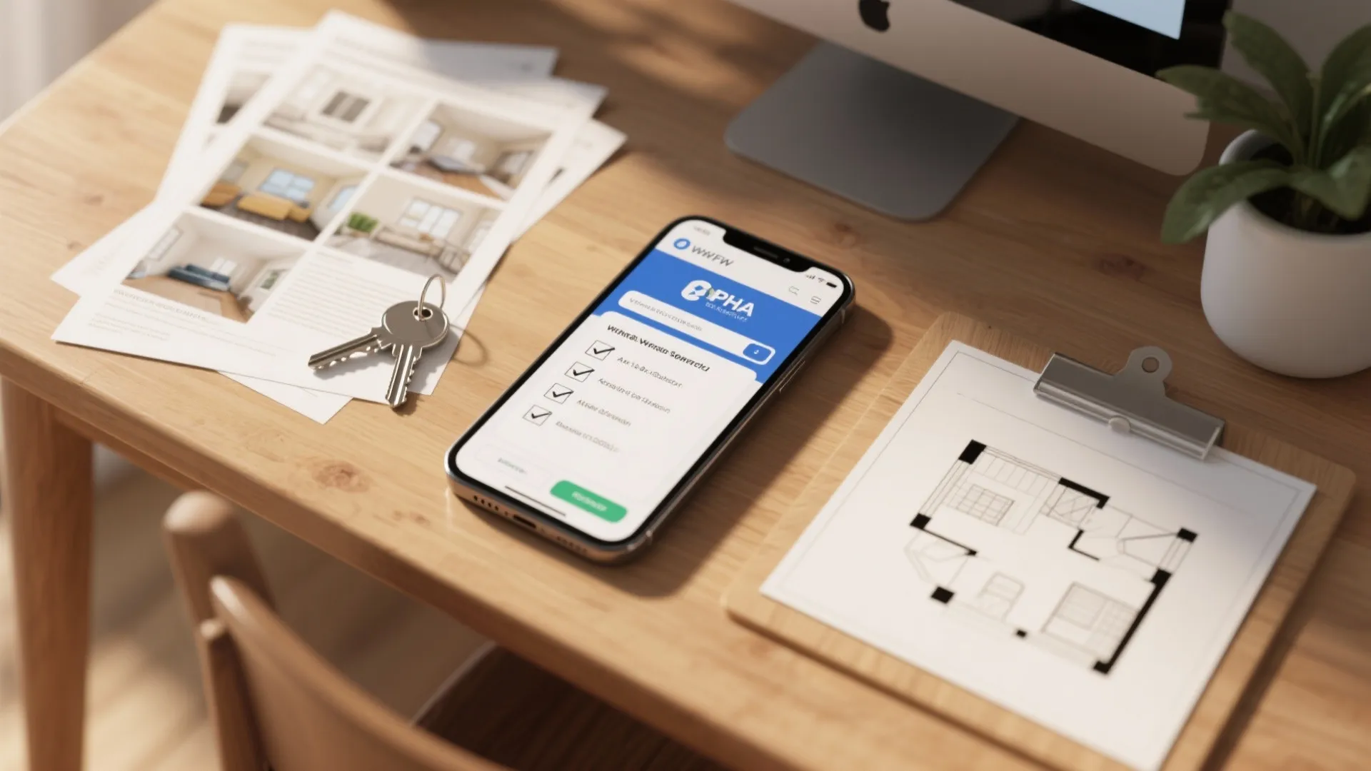 Top-down view of a search checklist, phone with PHA site, and rental listings to illustrate steps for finding a Section 8-friendly 3-bedroom.