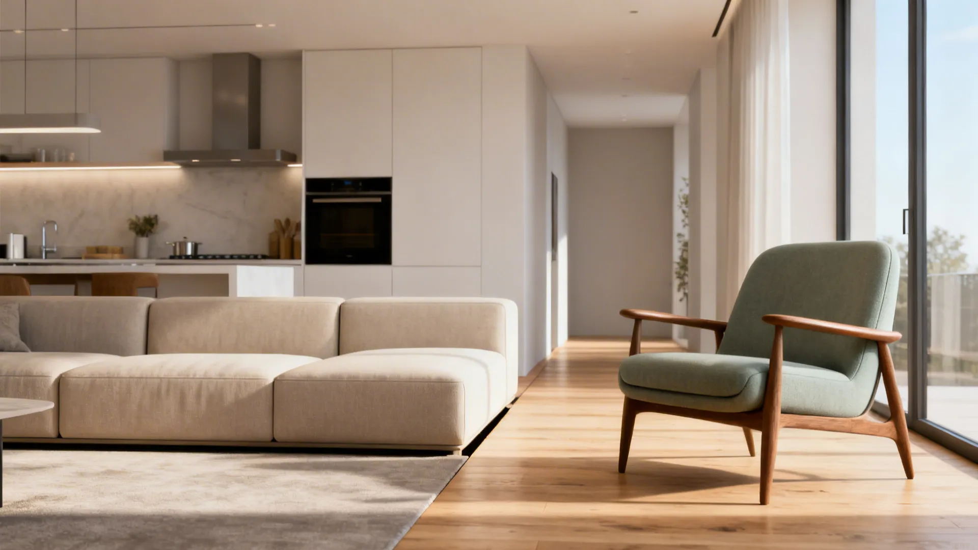 Low-profile sectional with a contrasting accent chair creating a traffic-friendly gap.