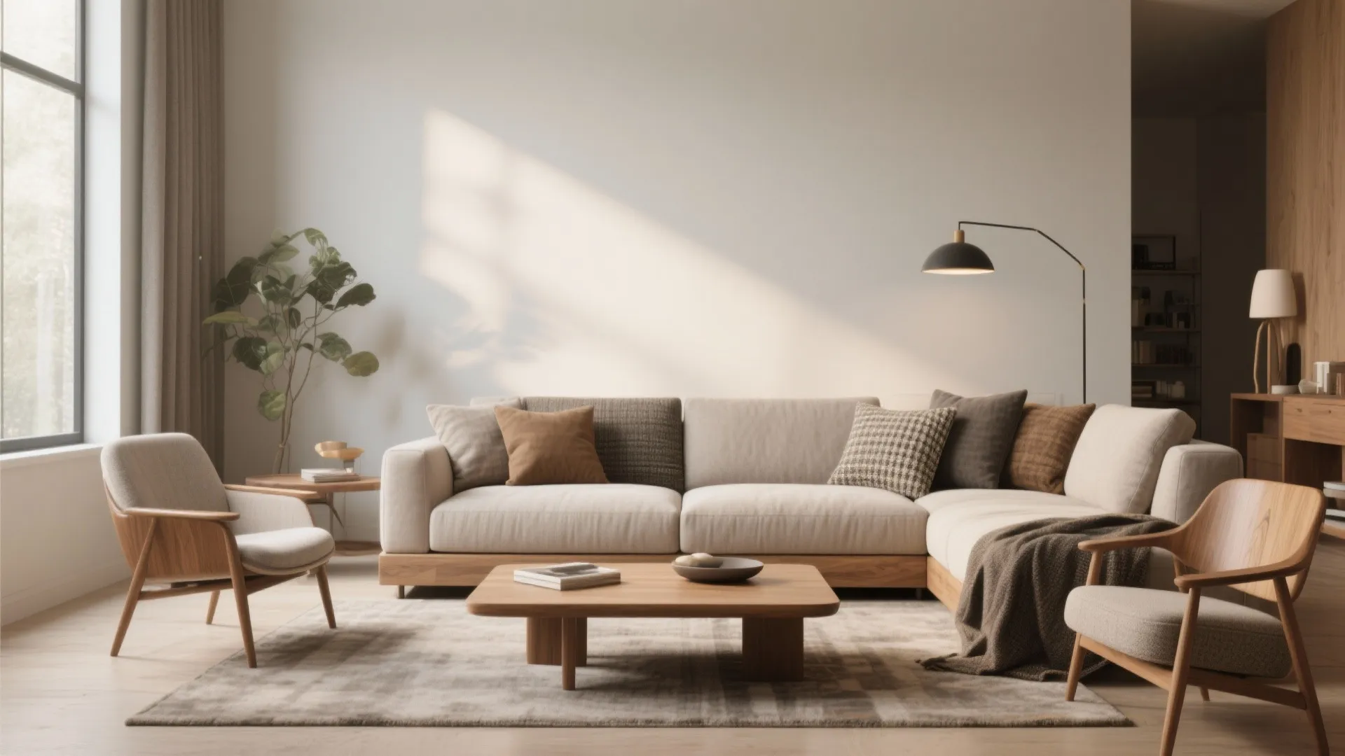 Modern sectional with mid-century accent chairs in living room