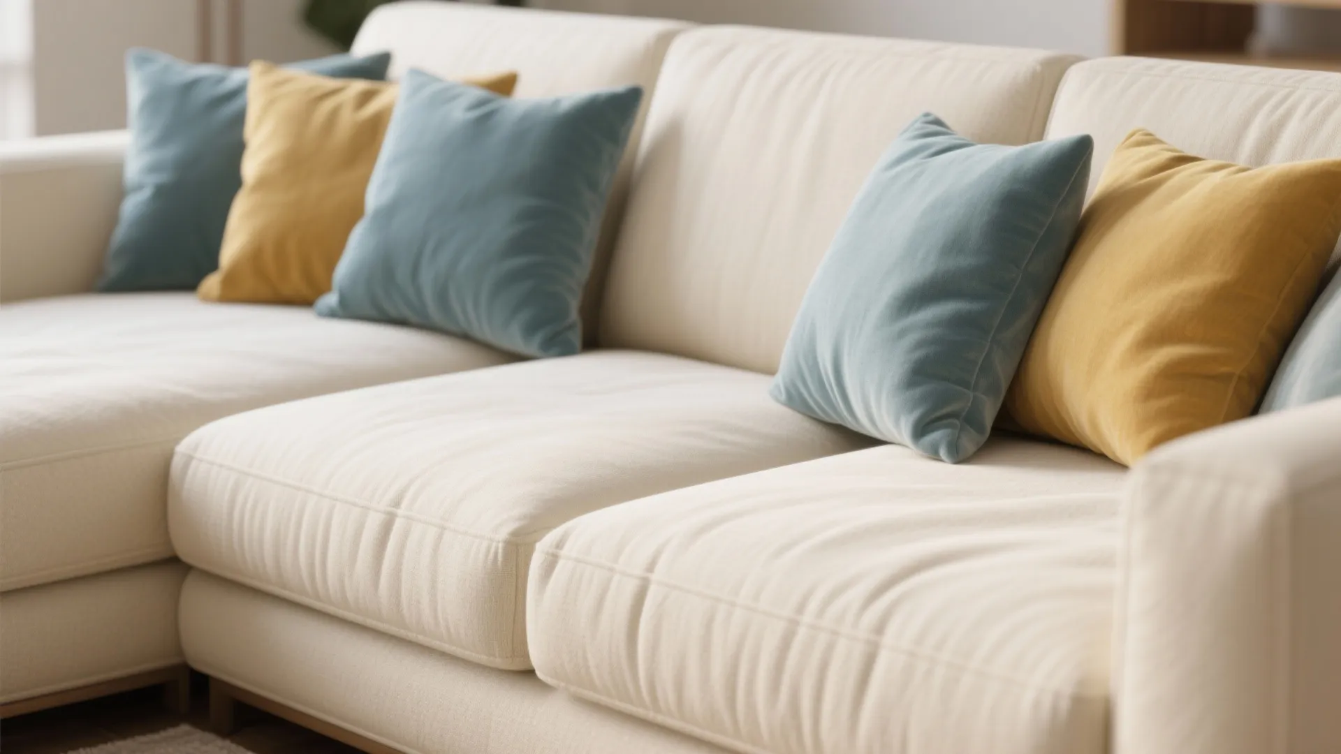 Close up of cream sofa decorated with blue and yellow soft pillows in bright room