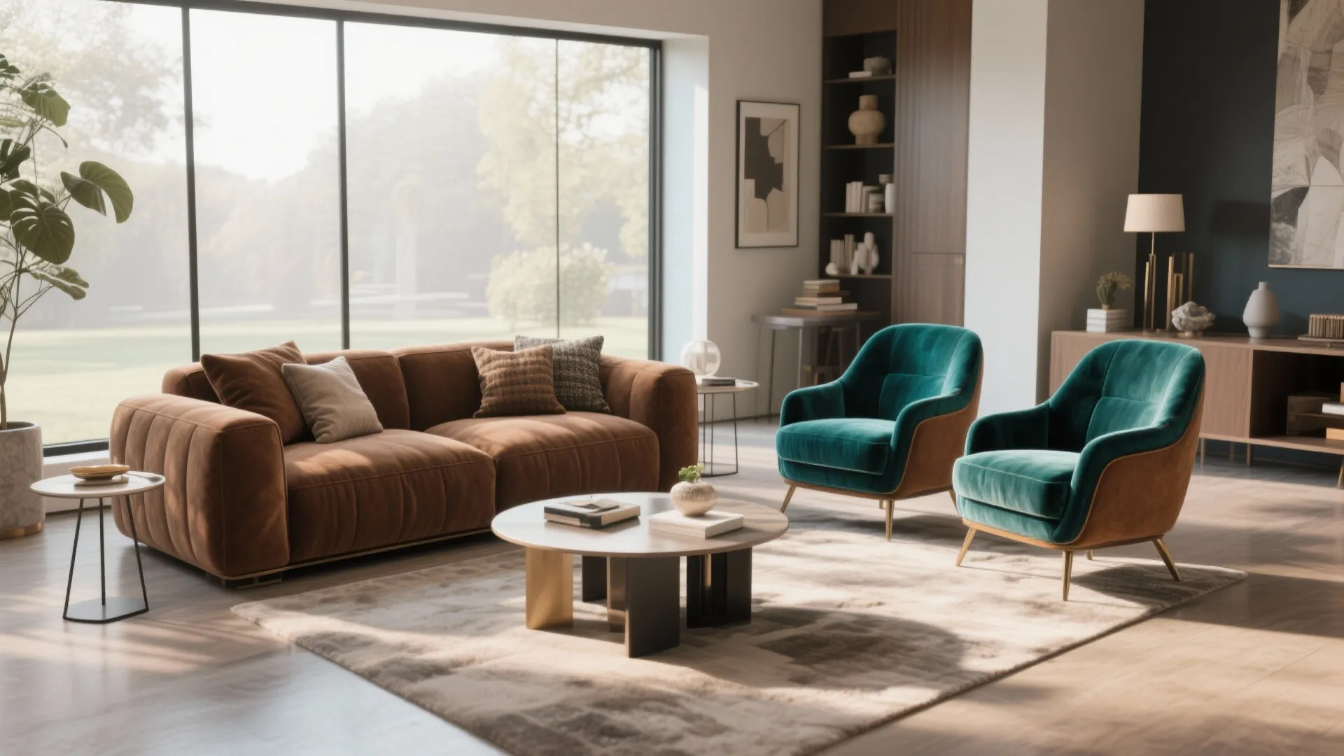 Brown sectional with jewel-tone accent chairs