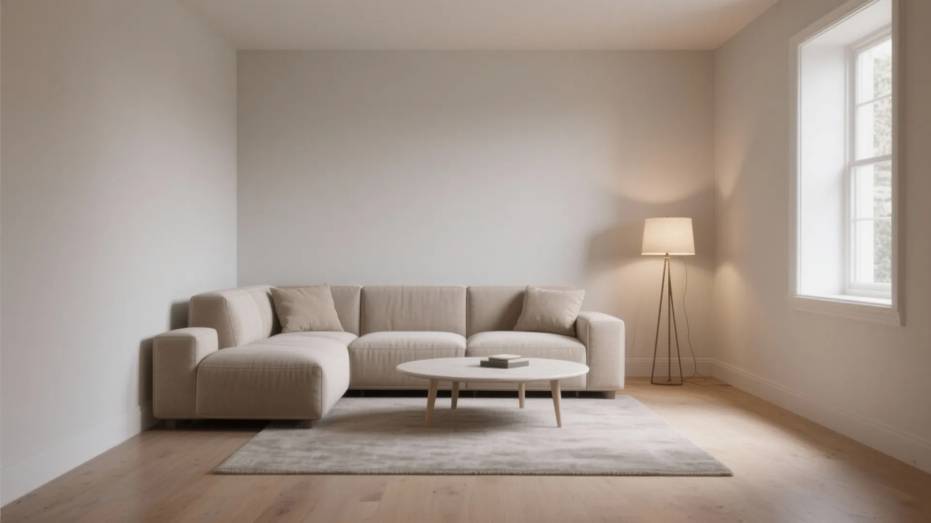 Modern cream sectional sofa in minimalist living room with wooden floor rug and floor lamp