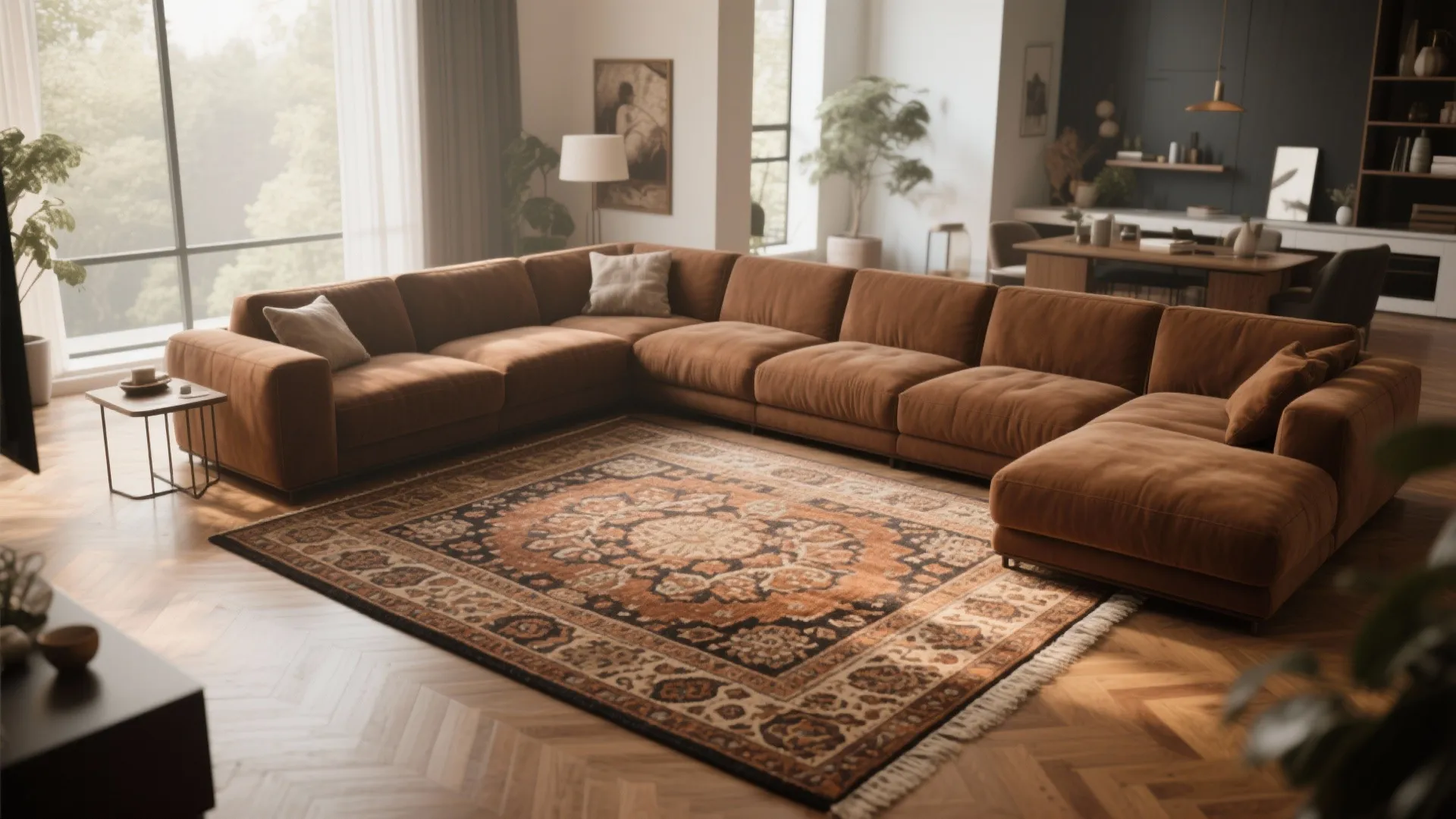 Brown sectional framing a large patterned area rug