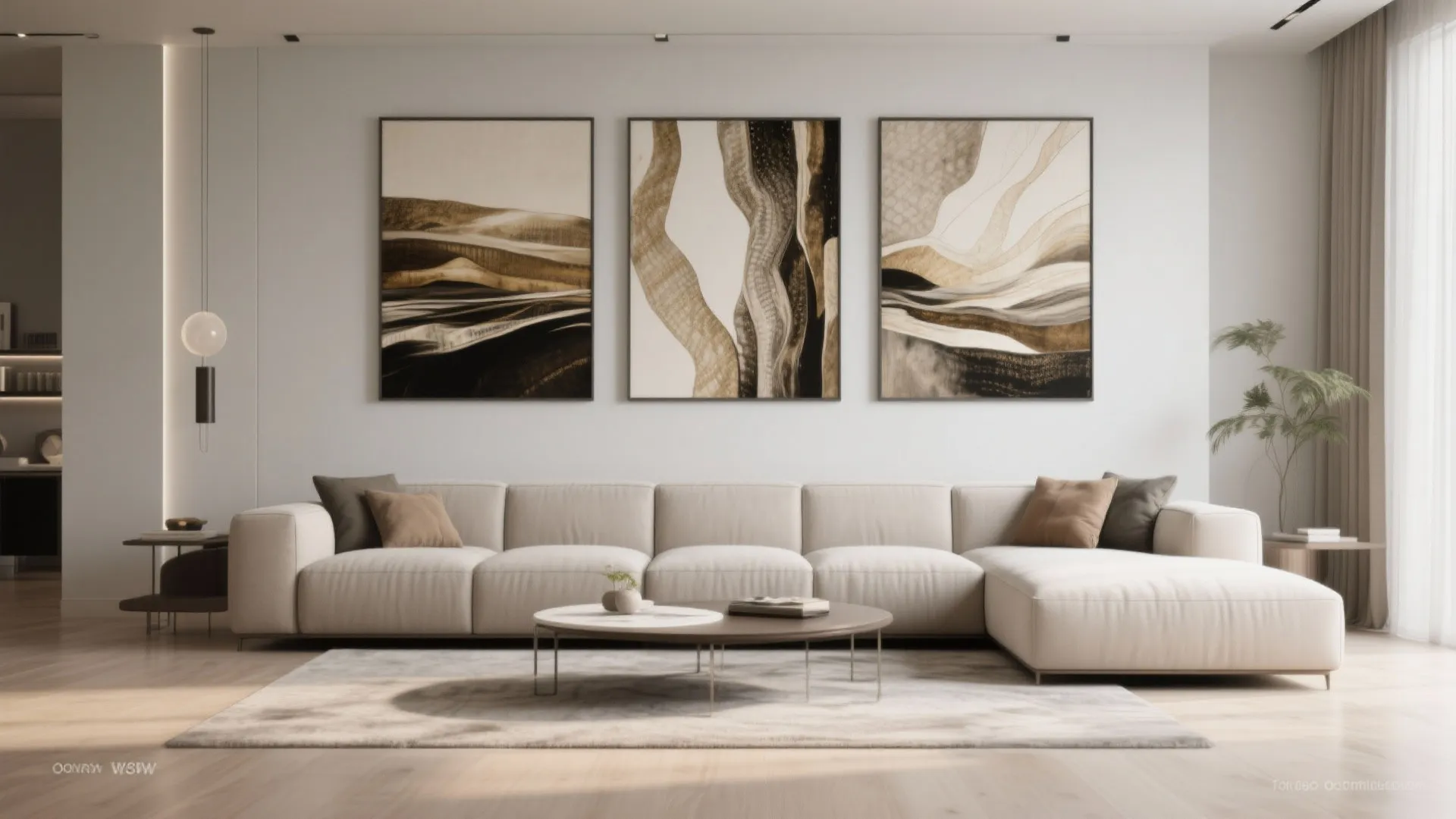 Modern living room featuring large wall art above a long white sofa and round table