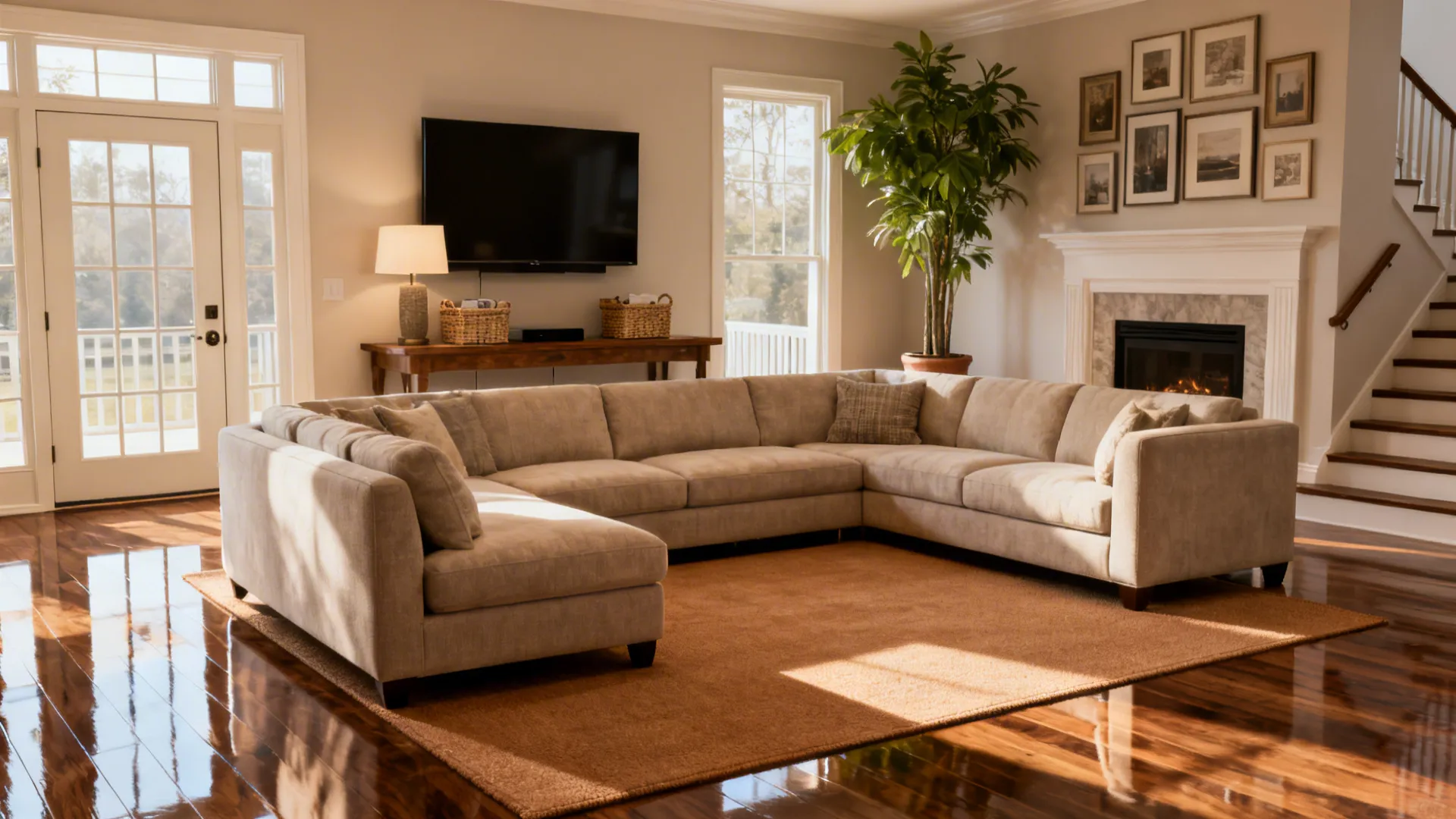 Large beige sofa on brown rug in sunny living room with fireplace and wall art