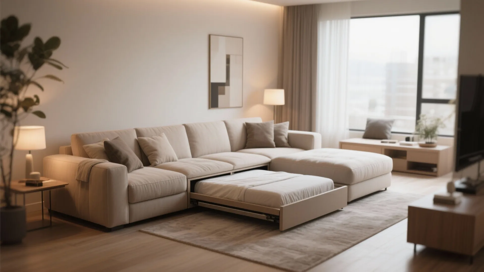 Modern sectional sofa with hidden bed storage feature