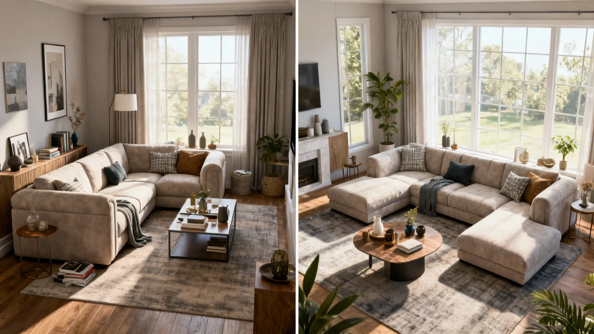 Before-and-after comparison showing a bulky sectional replaced by a mindful layout with one-arm sectional or chaise for better flow.