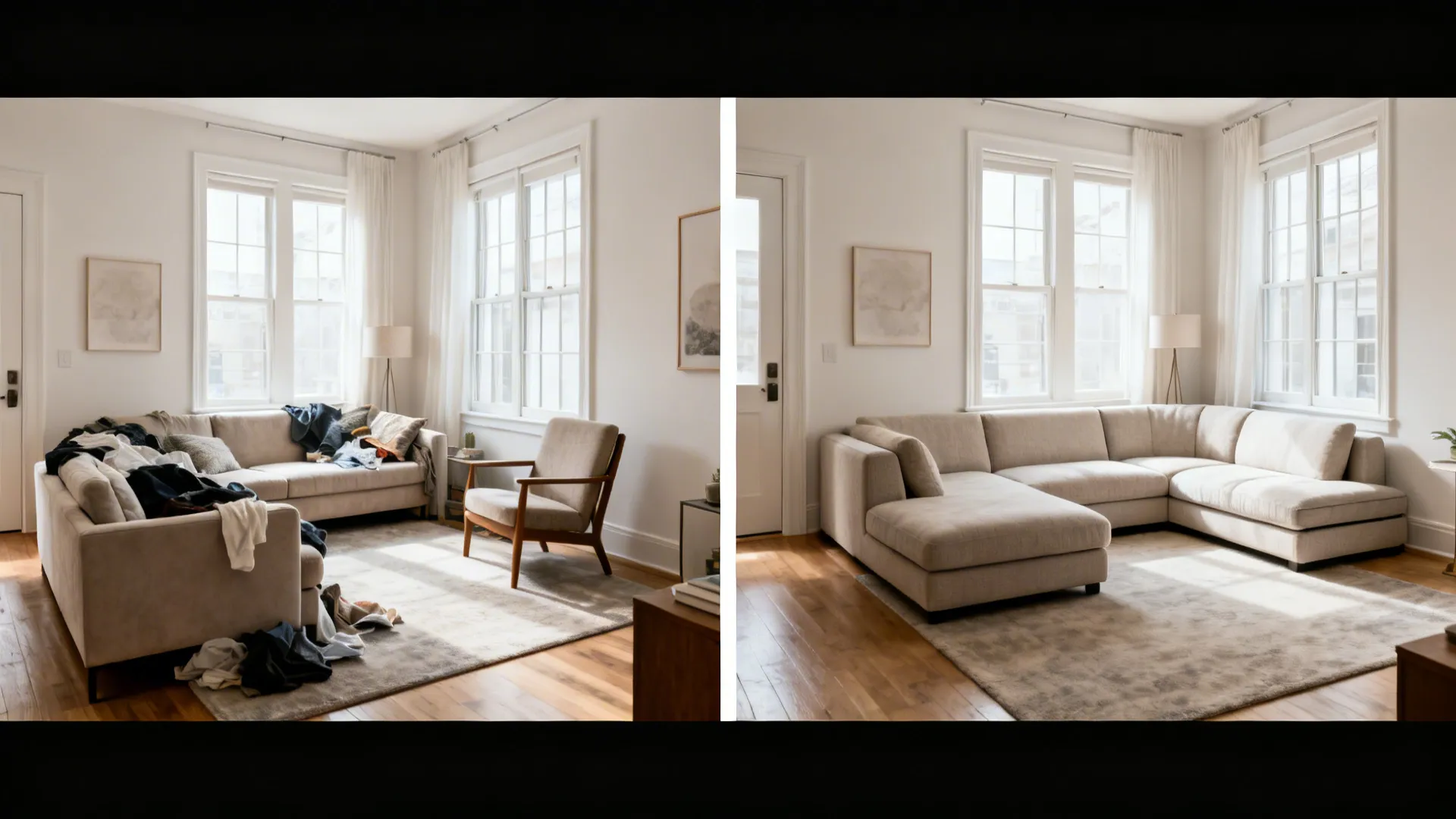 Before-and-after of a small living room switching from sofa plus chair to a corner sectional.